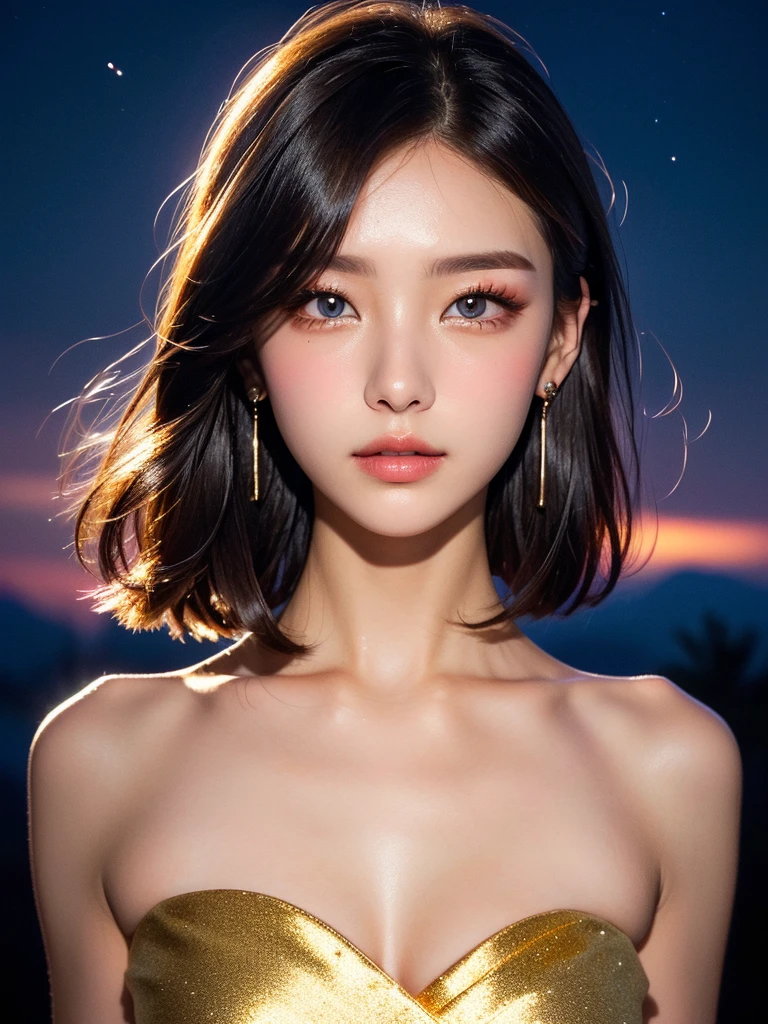 (highest quality, masterpiece:1.3), shape, ((Beautifully detailed face)), beautifully detailed skin, Intricate details, Very detailed, Best image quality in 8K, The true picture () (17-year-old girl) (Large Breasts:1.2), ,(Long Shot,A starry sky)A Japanese girl,Baby Face,(Detailed Hair,Bobcut:1.6,Black Hair),Detailed lips,Open your mouth,blush,Embarrassing,A look of pleasure, Realistic Face,Realistic Skin,(Vibrant Skin,Moisturized Skin:1.2),Vivid lips,Lip gloss
