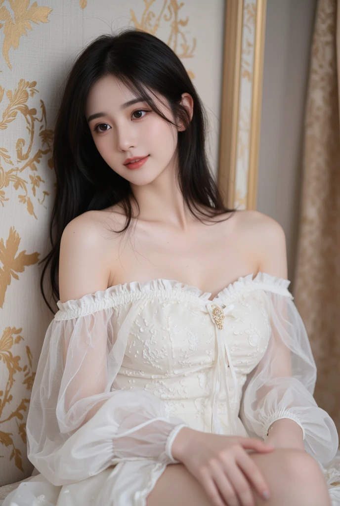 Best picture quality masterpiece beautiful 18 year old girl with long black hair 2 wearing white clothes with floral pattern big breasts full body photo in hotel room smiling