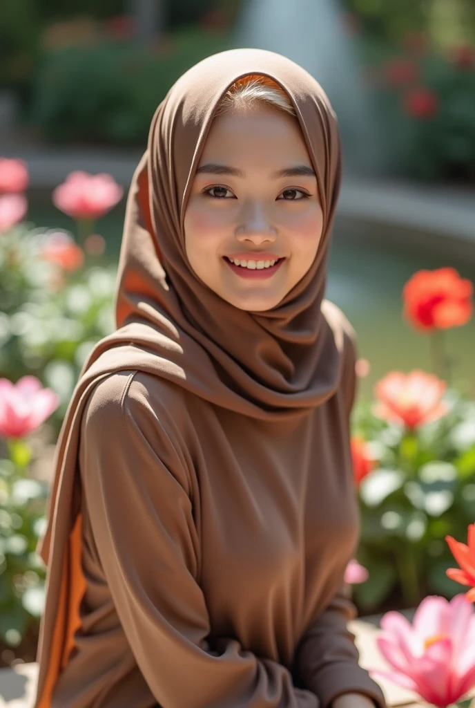 (Masterpiece, best quality, ultra realistic,32k, RAW photo, detail skin, 8k uhd, dslr, high quality, film grain:1.5),1girl, white ao dai, pants, portrait, long hijab, looking at viewer, smile, purple hijab, long sleeves, dress, jewelry, standing, flower, earrings, outdoors, white dress, blurry, black eyes, blurry background, realistic