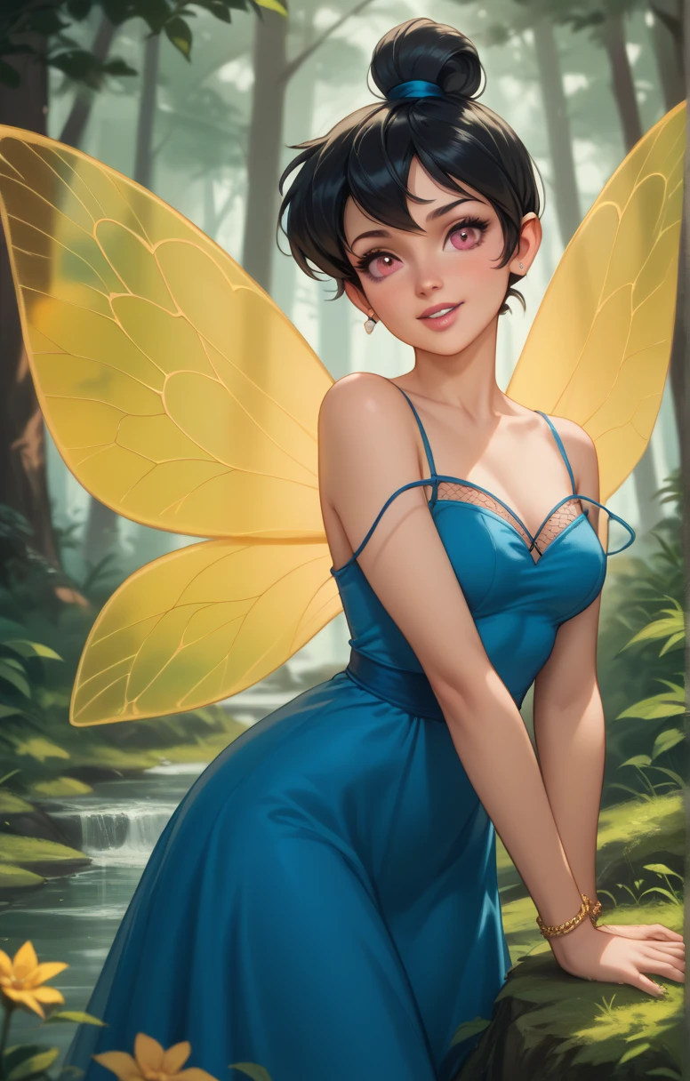 tinkerbell, adult, fairy wings, standing, body bending forward, thong, TinkerBell blue dress, sensual, hot, full-body-shot, detailed face, beautiful face, beautiful eyes, cute nose, big breasts, thick thighs, wide hips, looking at camera, in a forest, masterpiece, maximum detail blacked large hair, extreme detail black hair, Disney stile