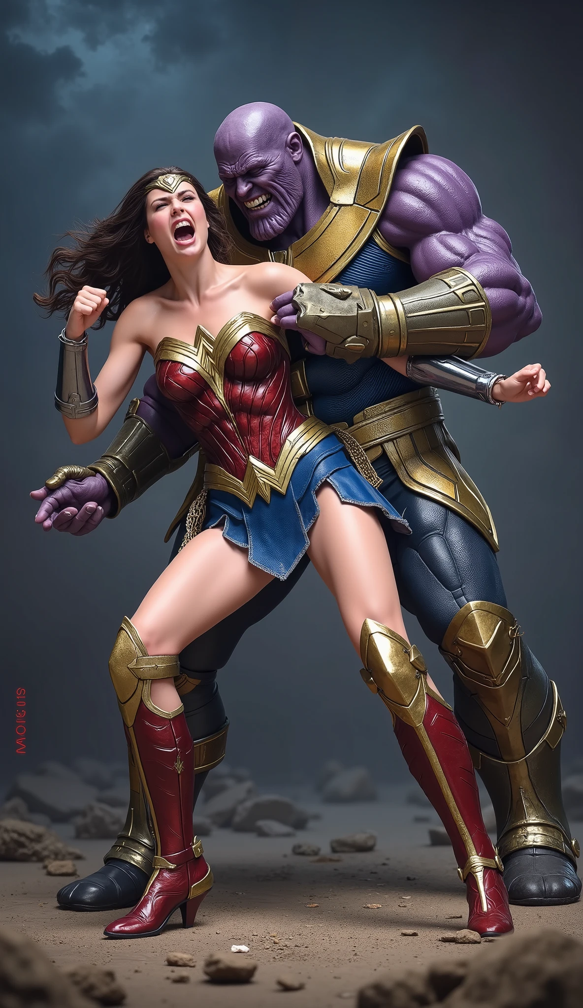 Gal Gadot is Wonder woman, fighting with the Thanos, very bright white skin, brown hair, painful face, she is screaming in pain, she is bending down to the ground, a huge body Thanos is sexual assault Wonder woman from behind, hugging her tightly, he is wearing only underwear, he push his private part into her body, he pull her skirt up, photorealistic, hyper realistic, whole body from head to toe are visible, in the night, ancient myth war,