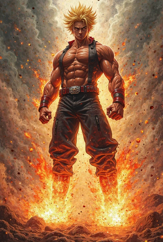A strong, muscular man with short, fiery orange undercut hair and freckles stands in a battle-ready stance. He is shirtless, showcasing his well-defined torso and arms, and wears fitted, flame-patterned pants in red and black that accentuate his powerful physique. The pants are designed to resemble flickering flames, with fiery hues that reflect the element of fire. His smooth, well-groomed underarms are visible. The surroundings are ablaze with warm hues of red, orange, and gold, creating a dramatic and intense atmosphere. Flames erupt around him, casting dynamic shadows and emphasizing his readiness for combat. The ground is covered in glowing embers and ash, reflecting the fiery nature of his element. The image is rendered in a photorealistic, hyper-realistic 8k style, with vibrant HDR and chiaroscuro lighting that highlights the fiery energy and motion of the scene. His eyes burn with a fierce intensity, showcasing his mastery of fire and his readiness for battle.