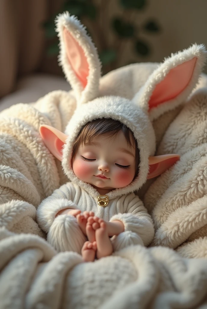 A cute newborn with rabbit ears, blind box toy style, anime style, Pixar, stereogram, anime, backlighting, cinematic lighting, ray tracing, high details, super detail, high quality, textured skin