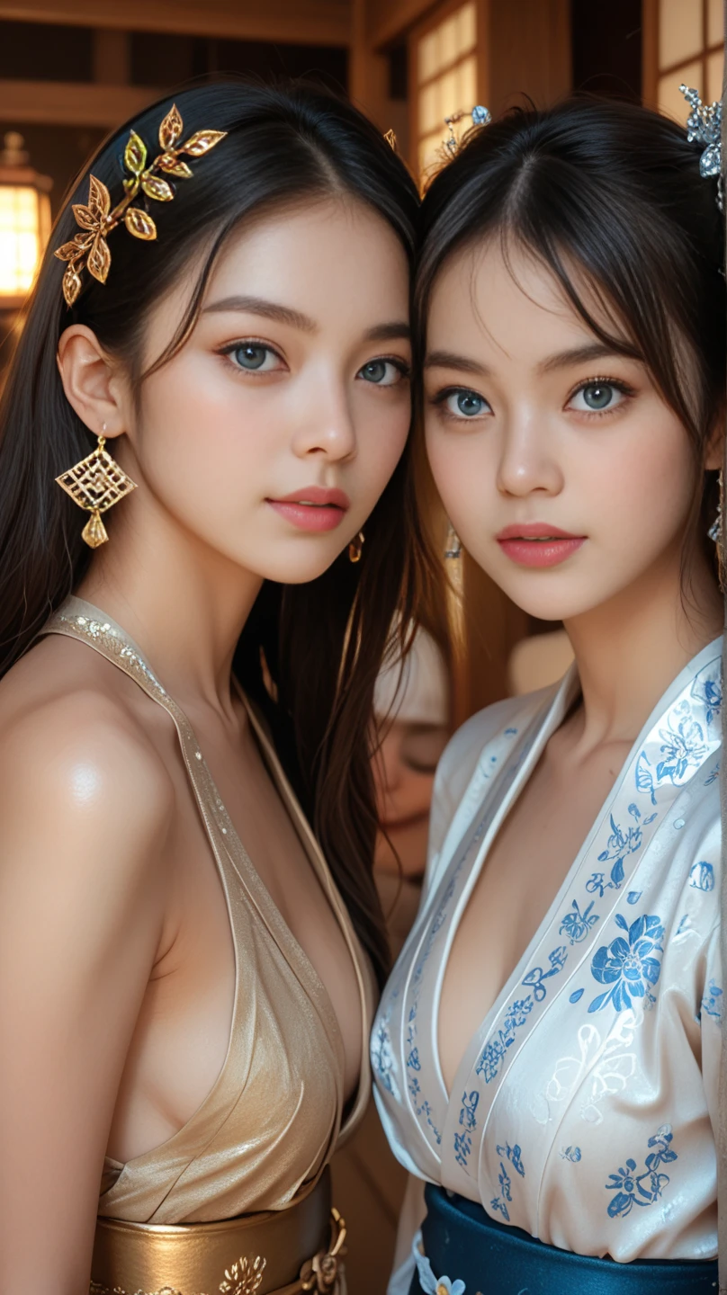 2girls,duo,8K Raw photograph,超高分辨率, filmgrain, filmg,view the viewer, Natural skin texture,Realistic eye and face details,((Realistic:1.5)),Ulzzang-6500:1.4,((Best quality)), ((Masterpiece)),((Detailed)),{2 beautiful women}, (Upper body:1.3),Hug and touch each other, Tease your friend's waist, Breathless friends, Biting a friend's earlobe, crouched,super wide shot,Face focus, Long legs,Curvy, Barefoot,Wide hips, Thin legs, Oversized eyes,Long eyelashes, (Detailed face,beautidful eyes, detailedpupils,detailed clothes features, Clear background:1.3), (armlets, bangle:1.3),bright detail,Sharp,Perfect compounding, Intricate, Sharp focus, Dramatic,