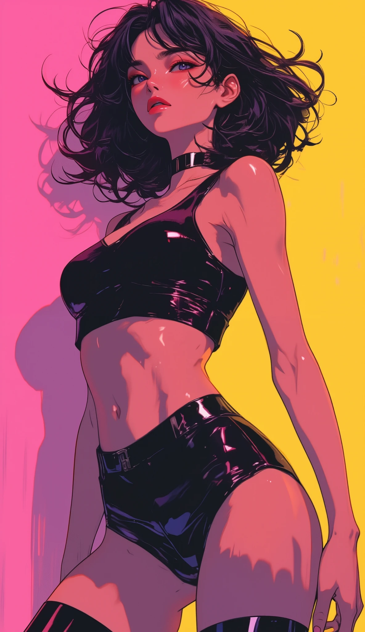 Woman, dark tan skin, hot fit and toned body, tiny black tank top bra and thong, thick breasts, short straight black hair with bangs, circle glasses, laying back, open legs, very sweaty, blushing, lustful