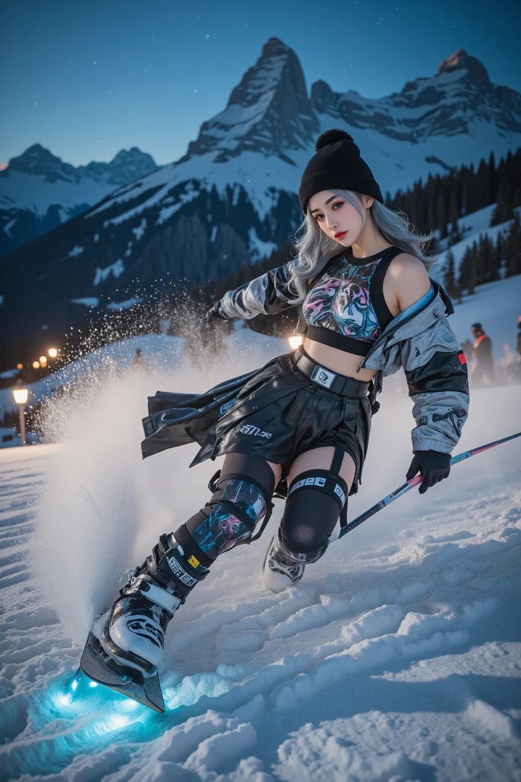 1womanl、(europeu:1.3)、blond、(super cute)、(beautiful face:1.5)、(face detailed)、(skiing:1.6)、(wearing a miniskirt:1.3)、(fall down and open your legs:1.3)、(I can see your panties:1.3)、(White-panties:1.3)、(badass clothing:1.1)、(skiing場)、(Em SFW:1.5) round buttock
