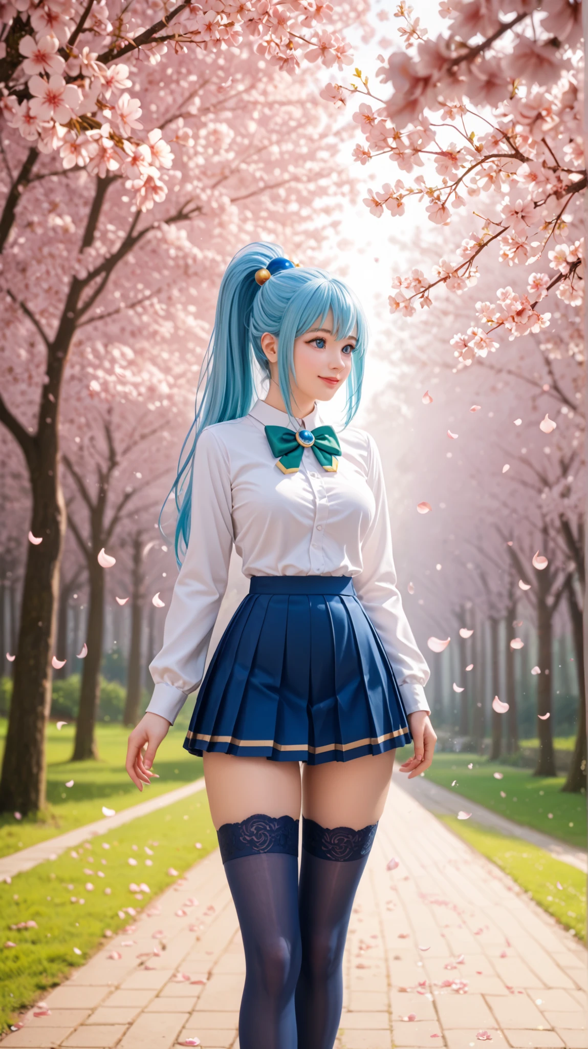 Aqua from Konosuba, ultra-detailed, hyper-realistic anime style with cinematic lighting. She stands gracefully in a serene park during springtime, surrounded by lush cherry blossom trees in full bloom. Her striking blue hair, tied into a high ponytail with golden and navy blue ornaments, flows naturally in the gentle breeze. Her large, radiant blue eyes sparkle with joy as she gives a warm, inviting smile, slightly tilting her head. She wears her signature outfit: a navy blue and white top with a decorative green bow, gold-trimmed sleeves, and a short pleated skirt, accentuated by thigh-high blue stockings. The soft sunlight filters through the cherry blossoms, casting warm, golden highlights on her face and hair. Tiny pink petals float in the air, creating a dreamy atmosphere. The background features a shallow depth of field with a beautiful bokeh effect, emphasizing her as the focal point. Captured with a Canon EOS 5D Mark IV, 85mm f/1.4 lens, soft natural daylight, cinematic color grading, dynamic yet balanced composition, subtle rim lighting for depth and realism --ar 2:3 --v 6 --style raw --q 2 --s 750