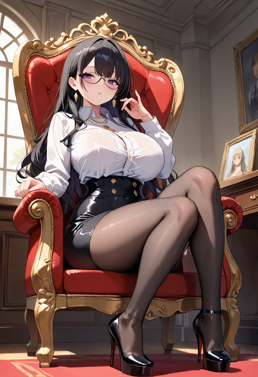 (masterpiece, best quality, highly detailed), 1girls, big belly, huge belly, art by kipteitei, round belly, chubby, curvy, belly grab, enormous belly, fat belly, thicc, bigger belly, really big belly, jiggly belly, glasses, sitting, thighhighs, high heels, smug face, ((full body)), (dominant), vampire girl