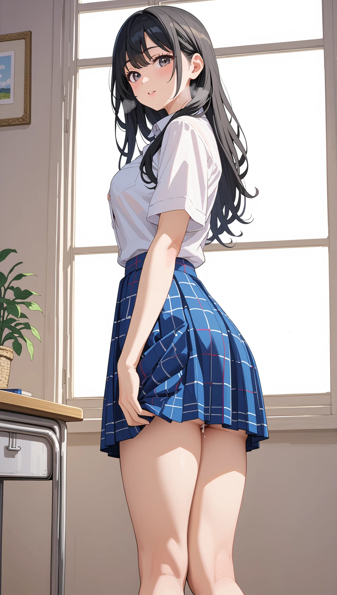(masterpiece, best quality, (beautiful eyes:1.6), highly detailed faces that insist on buttocks, 1 girl, girl, cute, middle school student, (long hair, long black hair:1.6), (small tits:1.2)) , score_9, score_8_up, score_7_up, semen, seductive, heavy breathing,full body shot)) , (Erotic Atmosphere:1.3), You're a professional photographer、photographing my girlfriend, Very Japanese girl, Plaid pleated mini skirt, unbuttoned white shirt, (cuteエロティックな女の子:1.3), (