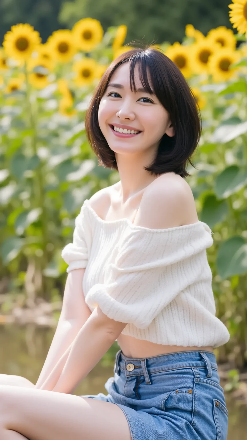 Real、Women's 1、Short pants、spread legs clear、I have bangs.、Age 25、Mature、Medium Breast、sex appeal、Glowing Skin、((Highest quality, In 8K, masterpiece:1.3)), smile、Brown haired、(Blunt bangs:1.2)、、Maintain the original face proportions、Broad shoulders、Brown haired、Floating Hair、Lips、lipstick、誘惑的なsmile、Perm Hair、Floating Hair、garden、Bright sunshine,Refreshing sky