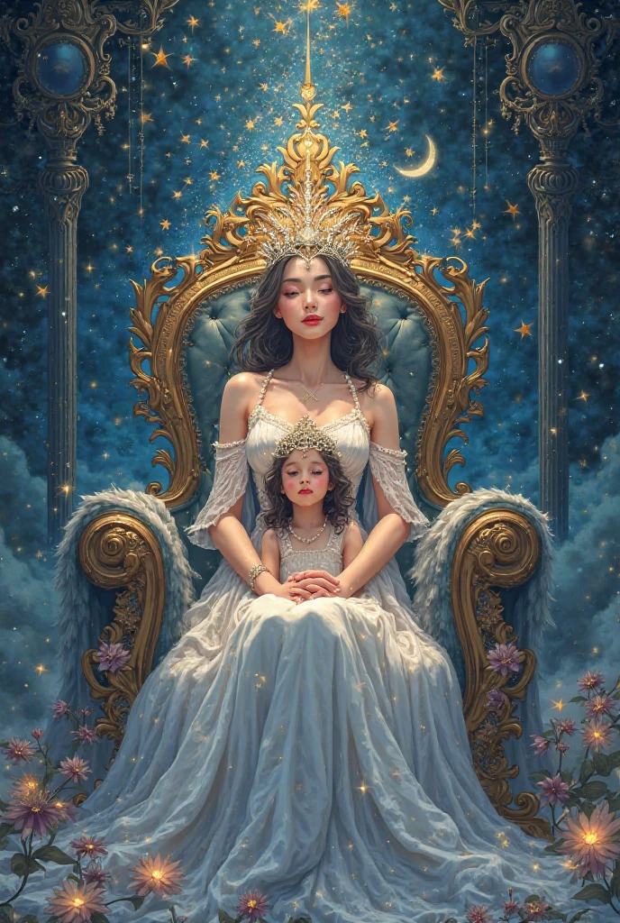 (masterpiece, highest quality, official art, beauty and aesthetic:1.5), two women is deeply in love with each other, kiss, romantic atmosphere, flower and moon, magnificent panorama view