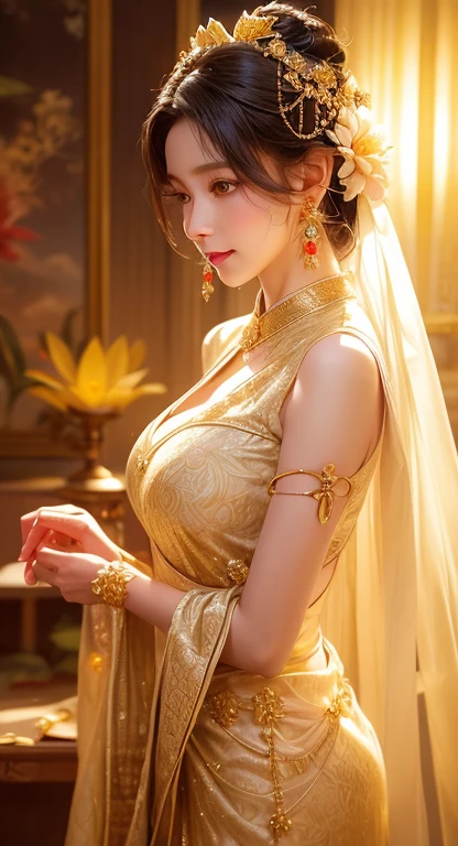 (raw photos:1.2), (realistic:1.4), (Masterpiece:1.3), (best quality:1.4), Ultra high resolution, (Detailed eyes), (Detailed facial features), (Detailed clothing features), HDR, 8K resolution, Focus only, Dressing according to Thai tradition, traditional shawl , 1 woman , Huge breasts, A gigantic rift, Big breasts push up clothes, big breast, fully grown breasts, Enhance your breasts to make them enormous., small waist, Long legs, Facing the audience, Full body, depth of field, Cinema-grade lighting, large breasts,
