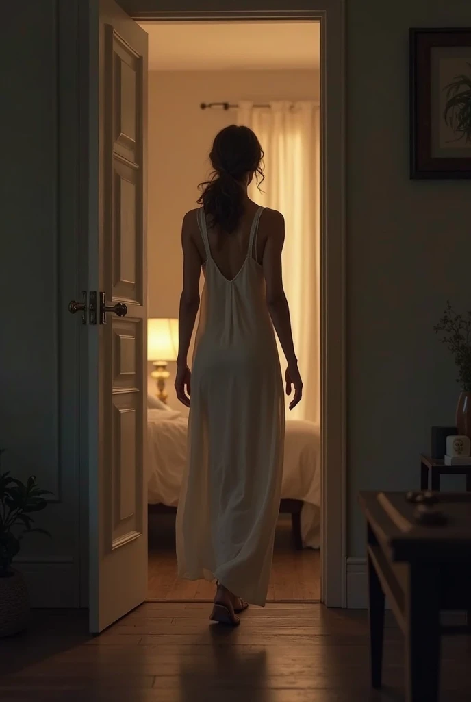 In the bedroom, indian 40 year old woman wrapped towel around her and standing in front of mirror looking at herself, and 1 indian boy wears tshirt and shorts sneak at her secretly by seeking from door.