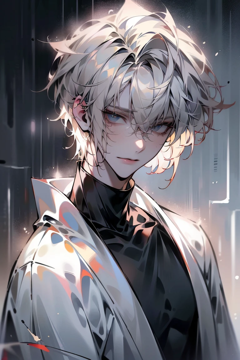 Impasto, white Blonde hair, short hair, masterpiece, best quality, 1 man , bangs, perfect face , black eye , handsome male , alone, pale skin , Adult male , delicate line drawing,Extremely detailed , ((black turtleneck)), (black kimono with longitudinal stripes), deep shadow,  semi-realistic art  ,  semi-realistic art  style, expressive brushstrokes,  vivid brushstrokes , 인상주의 painting, realistic skin, realistic hair, realistic detail, photorealistic, high details,  Perfect Eyes ,  concrete wall with background , high quality, painting, pixiv illustration