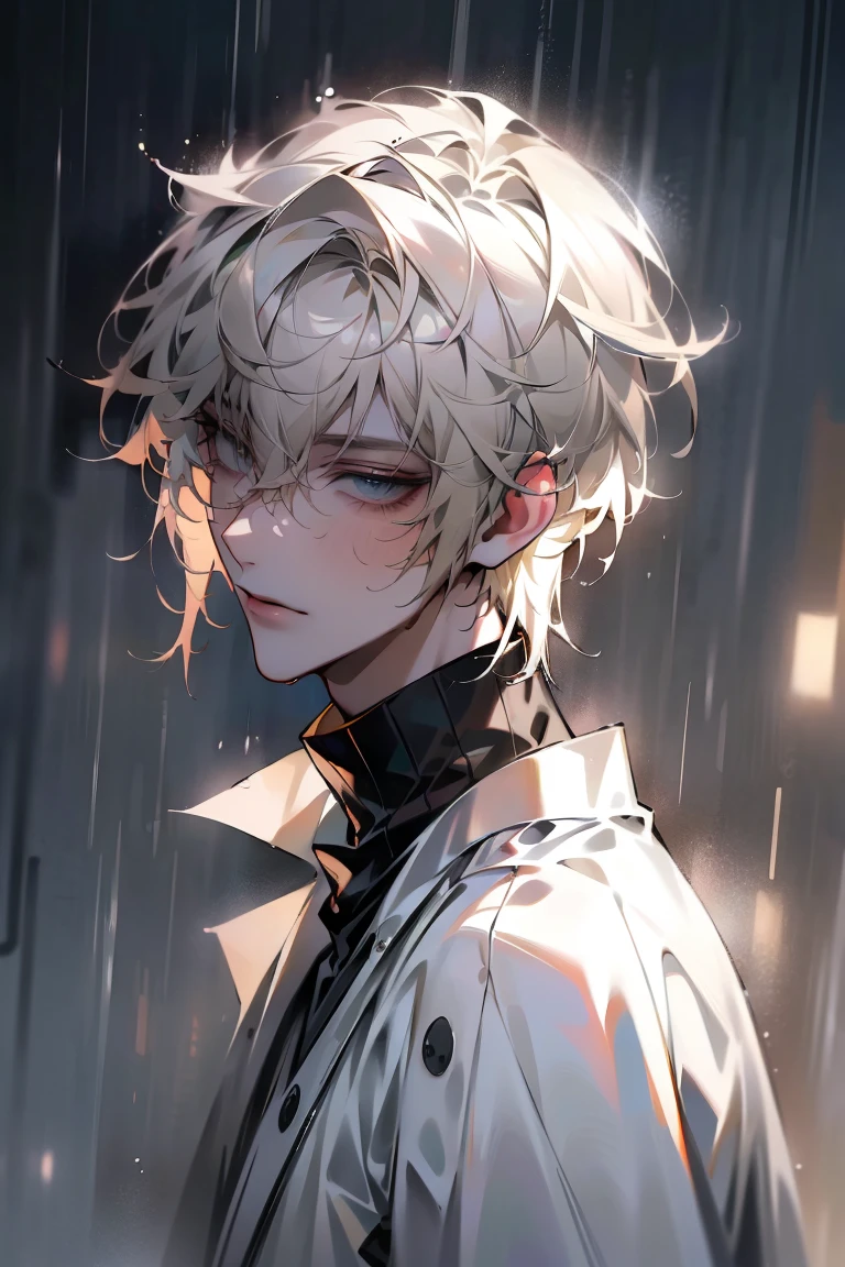 Impasto, white Blonde hair, short hair, masterpiece, best quality, 1 man , bangs, perfect face , black eye , handsome male , alone, pale skin , Adult male , delicate line drawing,Extremely detailed , ((black turtleneck)), (black kimono with longitudinal stripes), deep shadow,  semi-realistic art  ,  semi-realistic art  style, expressive brushstrokes,  vivid brushstrokes , 인상주의 painting, realistic skin, realistic hair, realistic detail, photorealistic, high details,  Perfect Eyes ,  concrete wall with background , high quality, painting, pixiv illustration