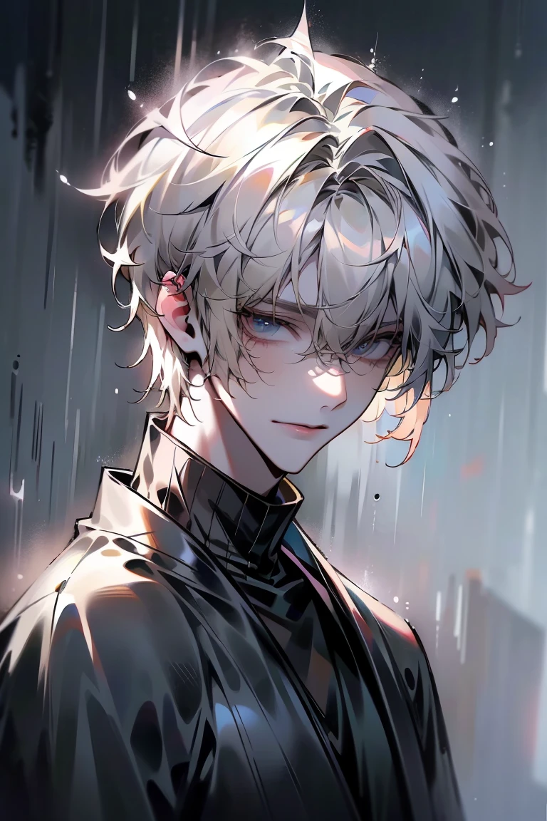 Impasto, white Blonde hair, short hair, masterpiece, best quality, 1 man , bangs, perfect face , black eye , handsome male , alone, pale skin , Adult male , delicate line drawing,Extremely detailed , ((black turtleneck)), (black kimono with longitudinal stripes), deep shadow,  semi-realistic art  ,  semi-realistic art  style, expressive brushstrokes,  vivid brushstrokes , 인상주의 painting, realistic skin, realistic hair, realistic detail, photorealistic, high details,  Perfect Eyes ,  concrete wall with background , high quality, painting, pixiv illustration