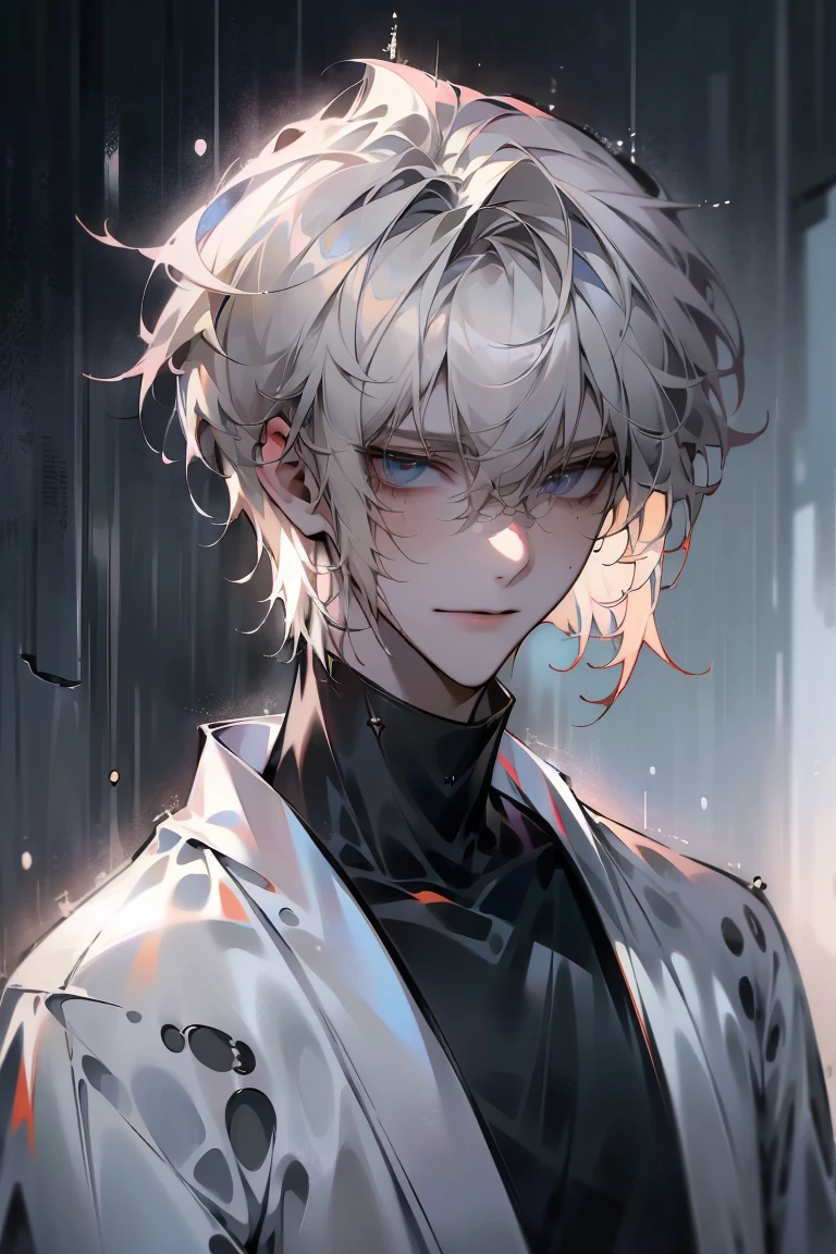 Impasto, white Blonde hair, short hair, masterpiece, best quality, 1 man , bangs, perfect face , black eye , handsome male , alone, pale skin , Adult male , delicate line drawing,Extremely detailed , ((black turtleneck)), (black kimono with longitudinal stripes), deep shadow,  semi-realistic art  ,  semi-realistic art  style, expressive brushstrokes,  vivid brushstrokes , 인상주의 painting, realistic skin, realistic hair, realistic detail, photorealistic, high details,  Perfect Eyes ,  concrete wall with background , high quality, painting, pixiv illustration
