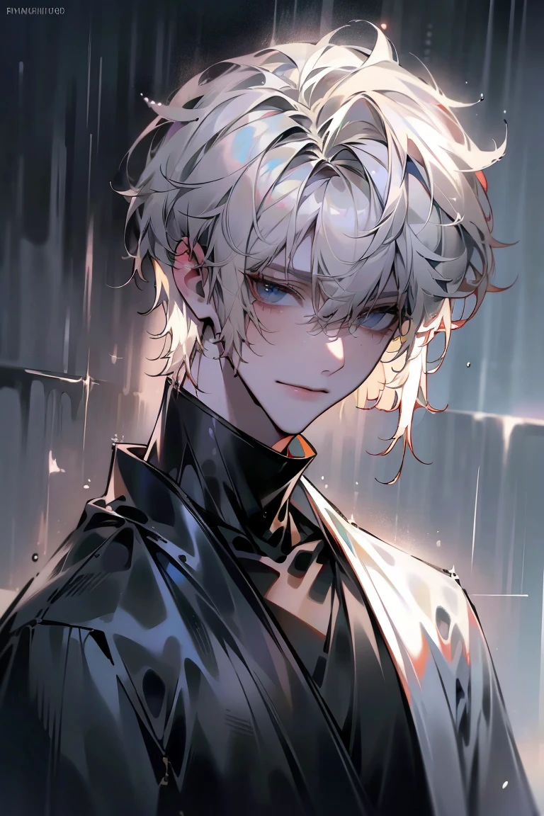 Impasto, white Blonde hair, short hair, masterpiece, best quality, 1 man , bangs, perfect face , black eye , handsome male , alone, pale skin , Adult male , delicate line drawing,Extremely detailed , ((black turtleneck)), (black kimono with longitudinal stripes), deep shadow,  semi-realistic art  ,  semi-realistic art  style, expressive brushstrokes,  vivid brushstrokes , 인상주의 painting, realistic skin, realistic hair, realistic detail, photorealistic, high details,  Perfect Eyes ,  concrete wall with background , high quality, painting, pixiv illustration