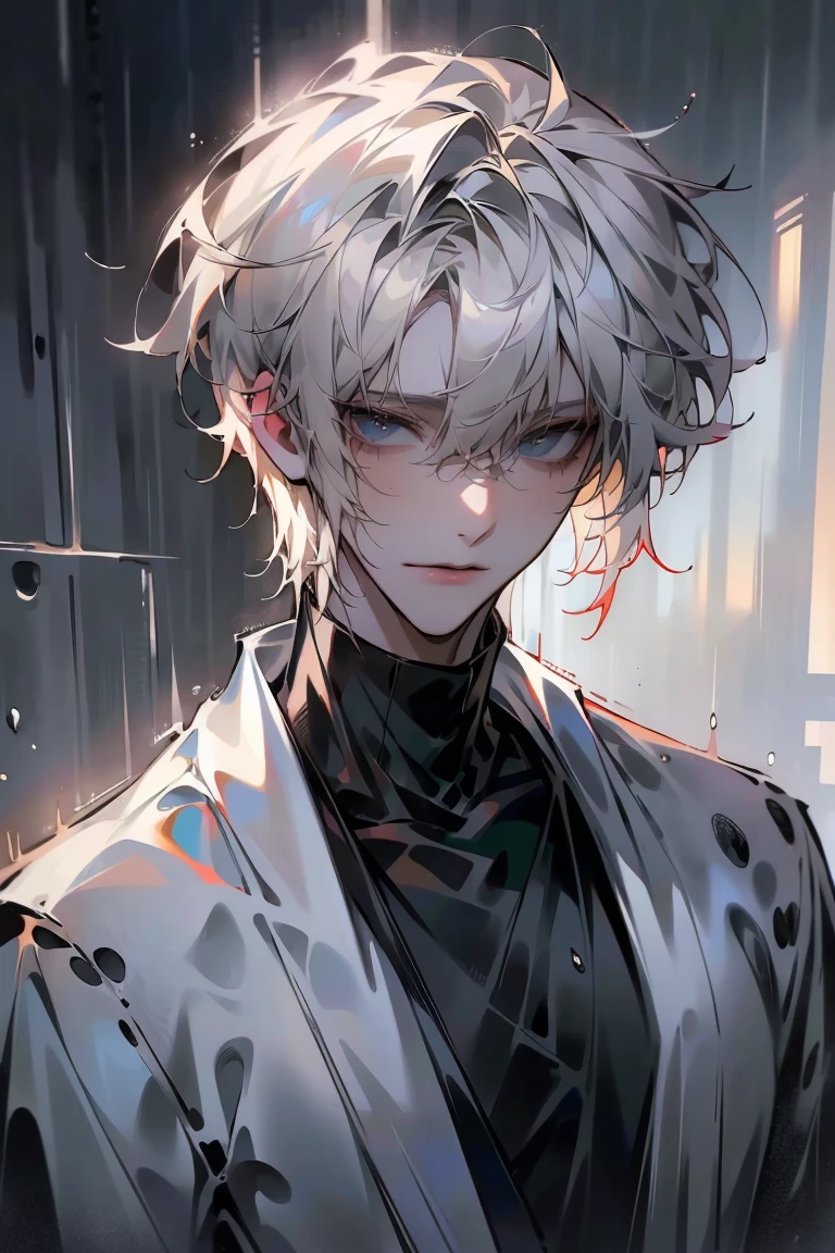 Impasto, white Blonde hair, short hair, masterpiece, best quality, 1 man , bangs, perfect face , black eye , handsome male , alone, pale skin , Adult male , delicate line drawing,Extremely detailed , ((black turtleneck)), (black kimono with longitudinal stripes), deep shadow,  semi-realistic art  ,  semi-realistic art  style, expressive brushstrokes,  vivid brushstrokes , 인상주의 painting, realistic skin, realistic hair, realistic detail, photorealistic, high details,  Perfect Eyes ,  concrete wall with background , high quality, painting, pixiv illustration
