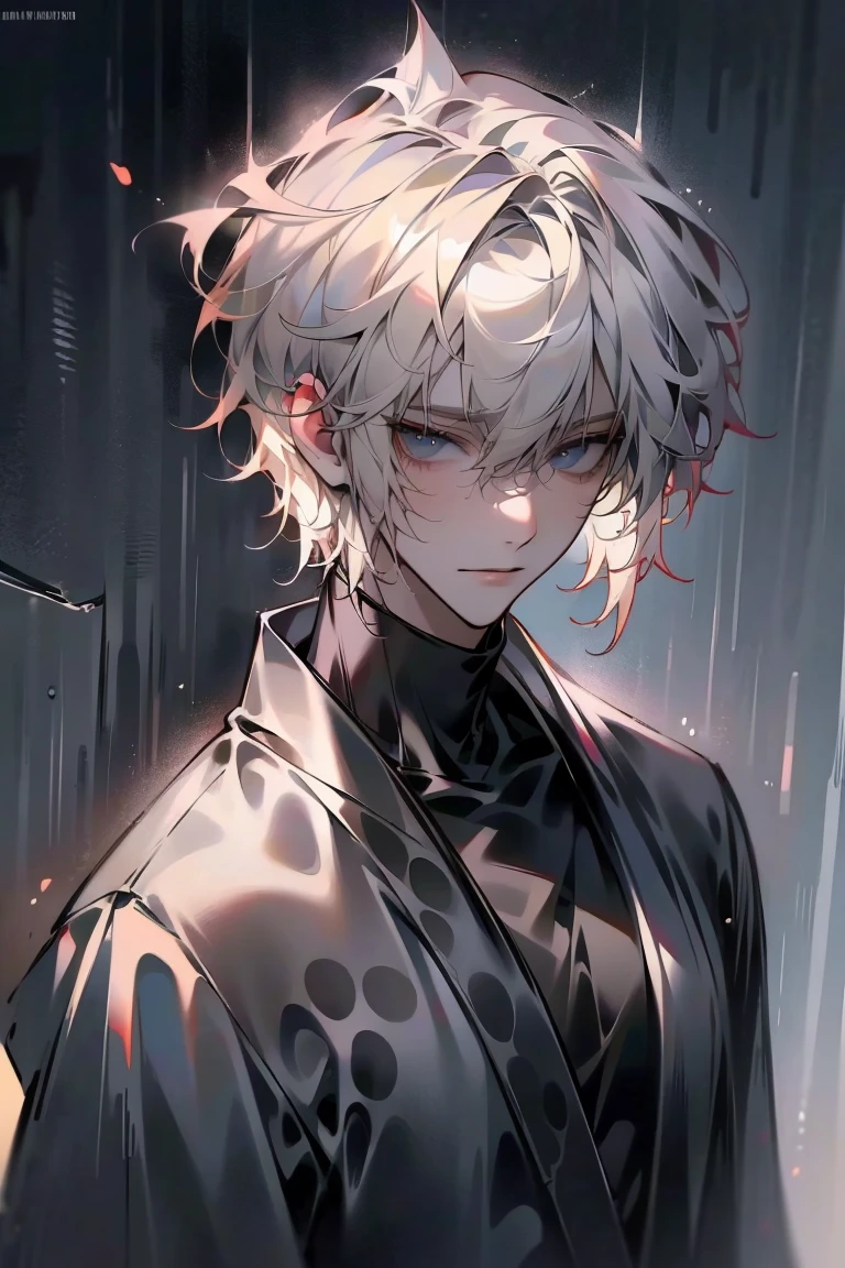 Impasto, white Blonde hair, short hair, masterpiece, best quality, 1 man , bangs, perfect face , black eye , handsome male , alone, pale skin , Adult male , delicate line drawing,Extremely detailed , ((black turtleneck)), (black kimono with longitudinal stripes), deep shadow,  semi-realistic art  ,  semi-realistic art  style, expressive brushstrokes,  vivid brushstrokes , 인상주의 painting, realistic skin, realistic hair, realistic detail, photorealistic, high details,  Perfect Eyes ,  concrete wall with background , high quality, painting, pixiv illustration