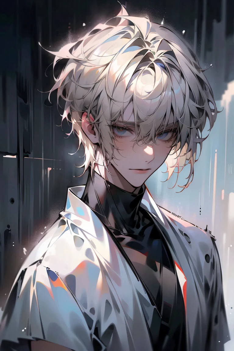 Impasto, white Blonde hair, short hair, masterpiece, best quality, 1 man , bangs, perfect face , black eye , handsome male , alone, pale skin , Adult male , delicate line drawing,Extremely detailed , ((black turtleneck)), (black kimono with longitudinal stripes), deep shadow,  semi-realistic art  ,  semi-realistic art  style, expressive brushstrokes,  vivid brushstrokes , 인상주의 painting, realistic skin, realistic hair, realistic detail, photorealistic, high details,  Perfect Eyes ,  concrete wall with background , high quality, painting, pixiv illustration