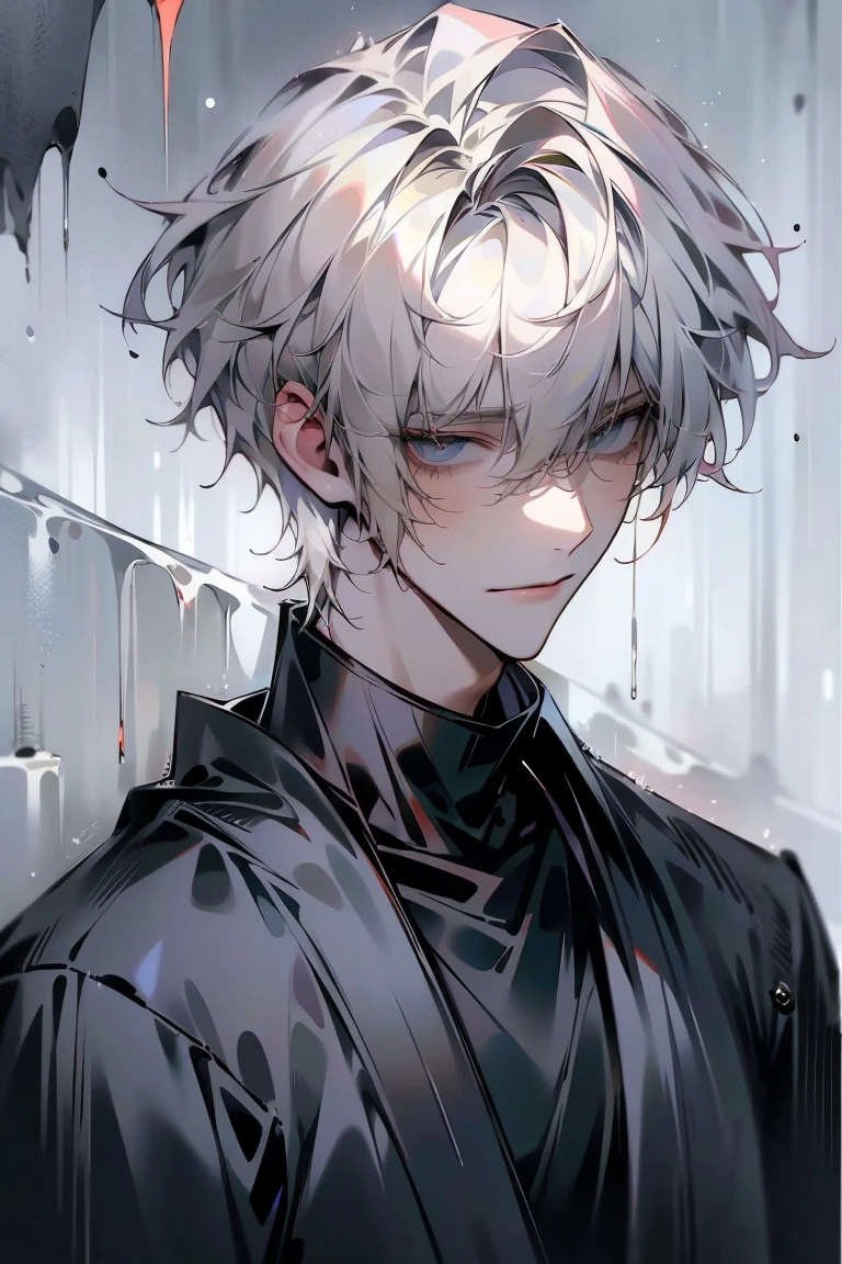 Impasto, white Blonde hair, short hair, masterpiece, best quality, 1 man , bangs, perfect face , black eye , handsome male , alone, pale skin , Adult male , delicate line drawing,Extremely detailed , ((black turtleneck)), (black kimono with longitudinal stripes), deep shadow,  semi-realistic art  ,  semi-realistic art  style, expressive brushstrokes,  vivid brushstrokes , 인상주의 painting, realistic skin, realistic hair, realistic detail, photorealistic, high details,  Perfect Eyes ,  concrete wall with background , high quality, painting, pixiv illustration