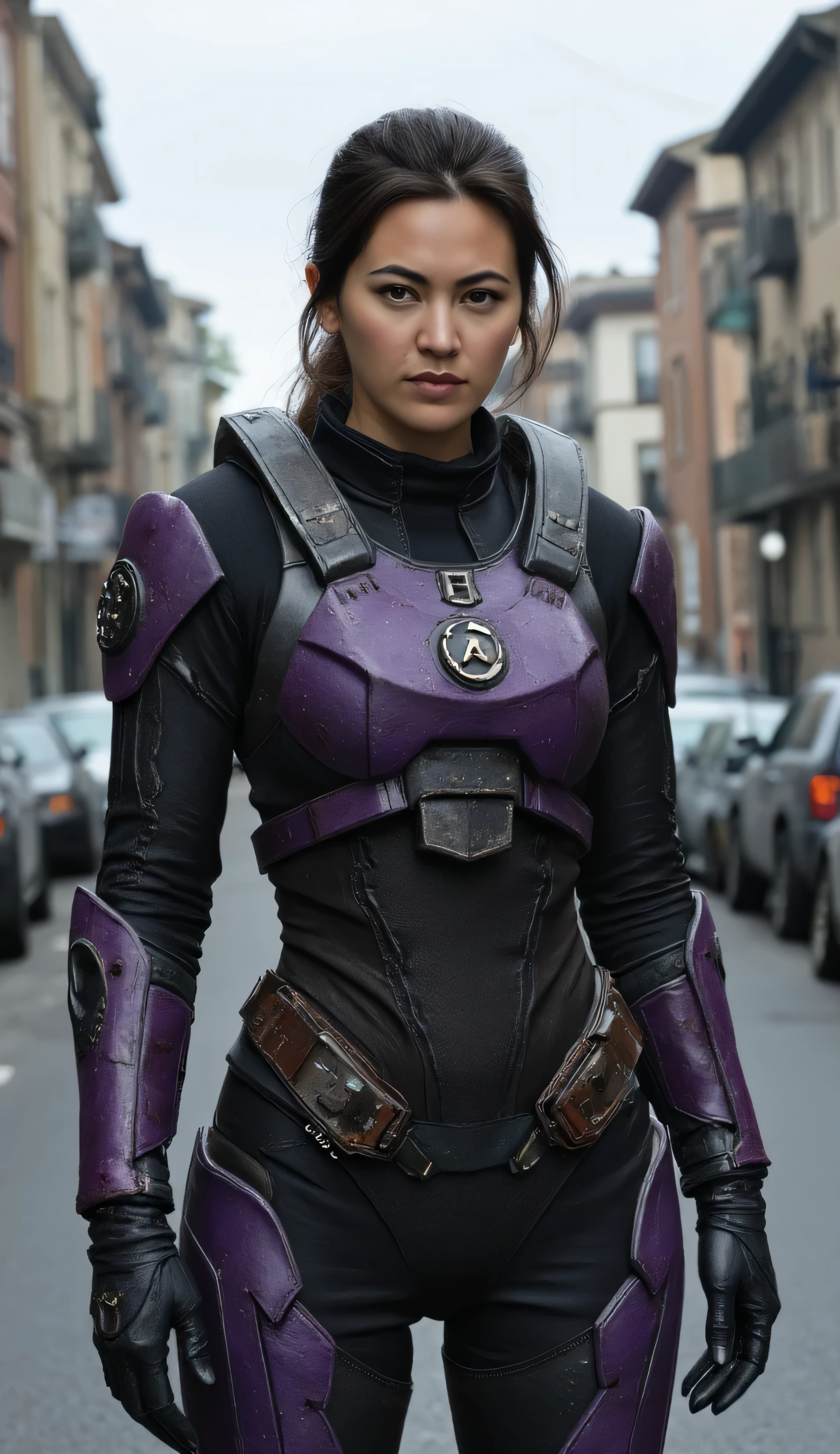beautiful photograph of a Jessica Henwick as Alyx Vance, stands, in the middle of an urban street, surrounded by parked cars, old buildings, under an overcast sky, futuristic armored suit, HEV suit, featuring an perple and black color scheme, reinforced shoulder pads, and a Lambda (λ) logo on the chest plate, dark brown hair is pulled back, determined expression, suit with scratches and slight weathering, slightly dystopian atmosphere, post-apocalyptic city, highly detailed, semi-realistic, cinematic lighting, muted urban tones, w4rh4mm3r style oil painting