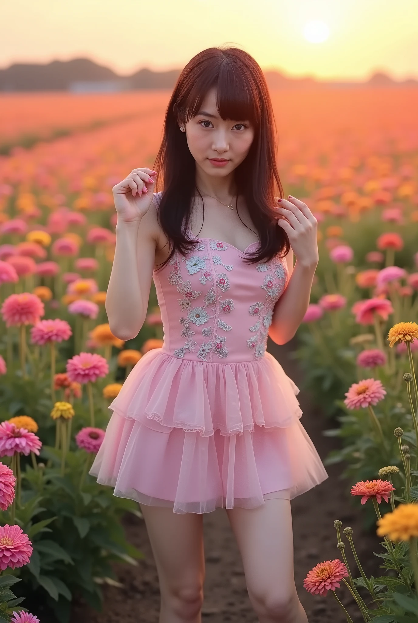 Create a portrait of a stunning Japanese idol wearing a cute mini dress, striking a pose. She has semi-long hair, a slender figure, small breasts, and thin legs. The background features a vast flower field bursting with vibrant colors, illuminated with cinematic lighting.