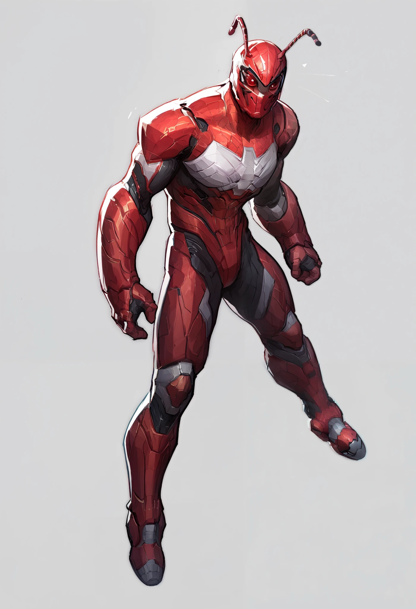 Ant-Man's costume is a high-tech marvel designed for both functionality and style. Here are the key details:
- **Color Scheme:** Predominantly black with red and silver accents.
- **Helmet:** A helmet with a closed faceplate, red-tinted eye lenses, and antennae on the sides.
- **Chest Area:** Red and black pattern with silver piping.
- **Arms and Legs:** Red and silver detailing.
- **Gloves and Boots:** Black with red accents.
- **Material:** Durable, flexible material designed for agility and protection. Full body view. Large ants.