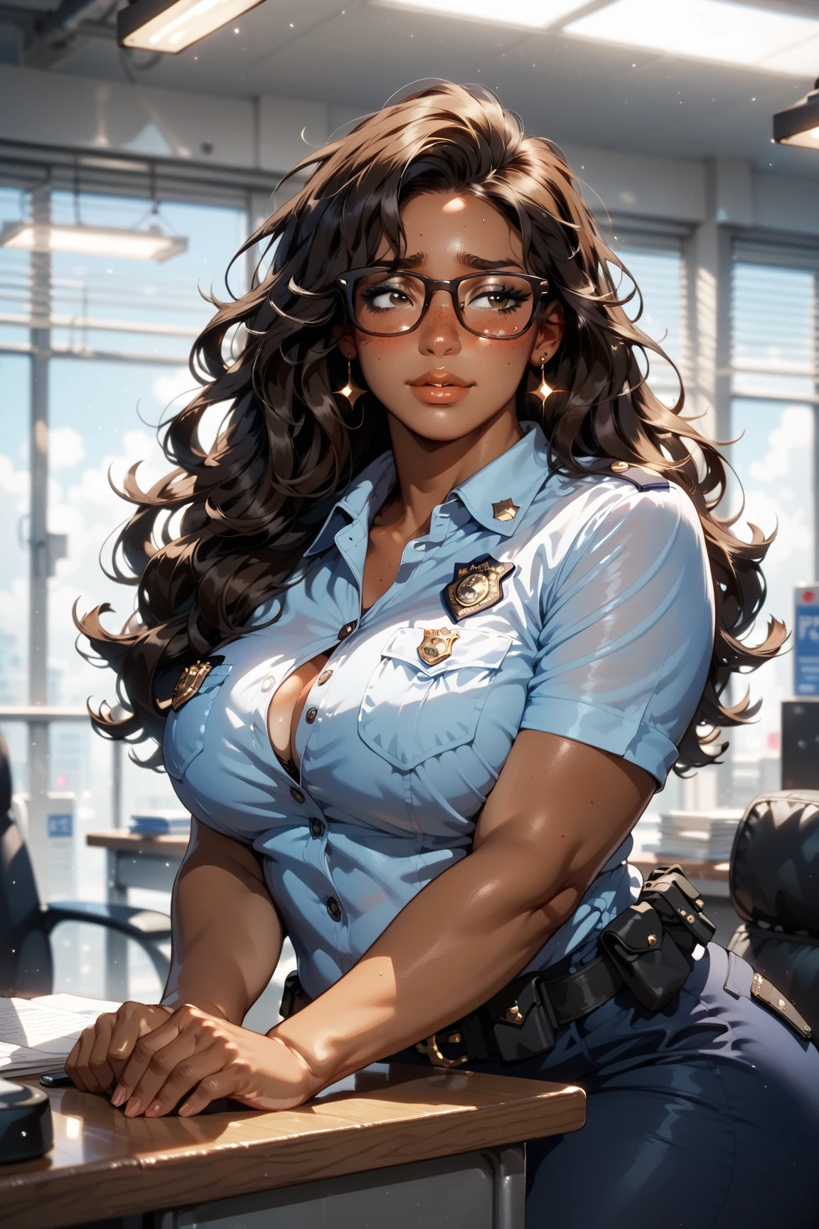 (best quality:1.5, highres, UHD, 4K, detailed lighting, shaders), brown floral haired, gradient hair, blwck eyes, large breasts, suit, gray shirt, social shirt, short pants, mature woman , (pov), white background, colorful eyeshadow, dramatic lighting, sparkling eyes, sensual expression, golden earrings, flowing hair, delicate facial features, dark skin, high cheekbones, urban setting, white background, dont look for the camera, lean forward, ( pose : behind the camera)