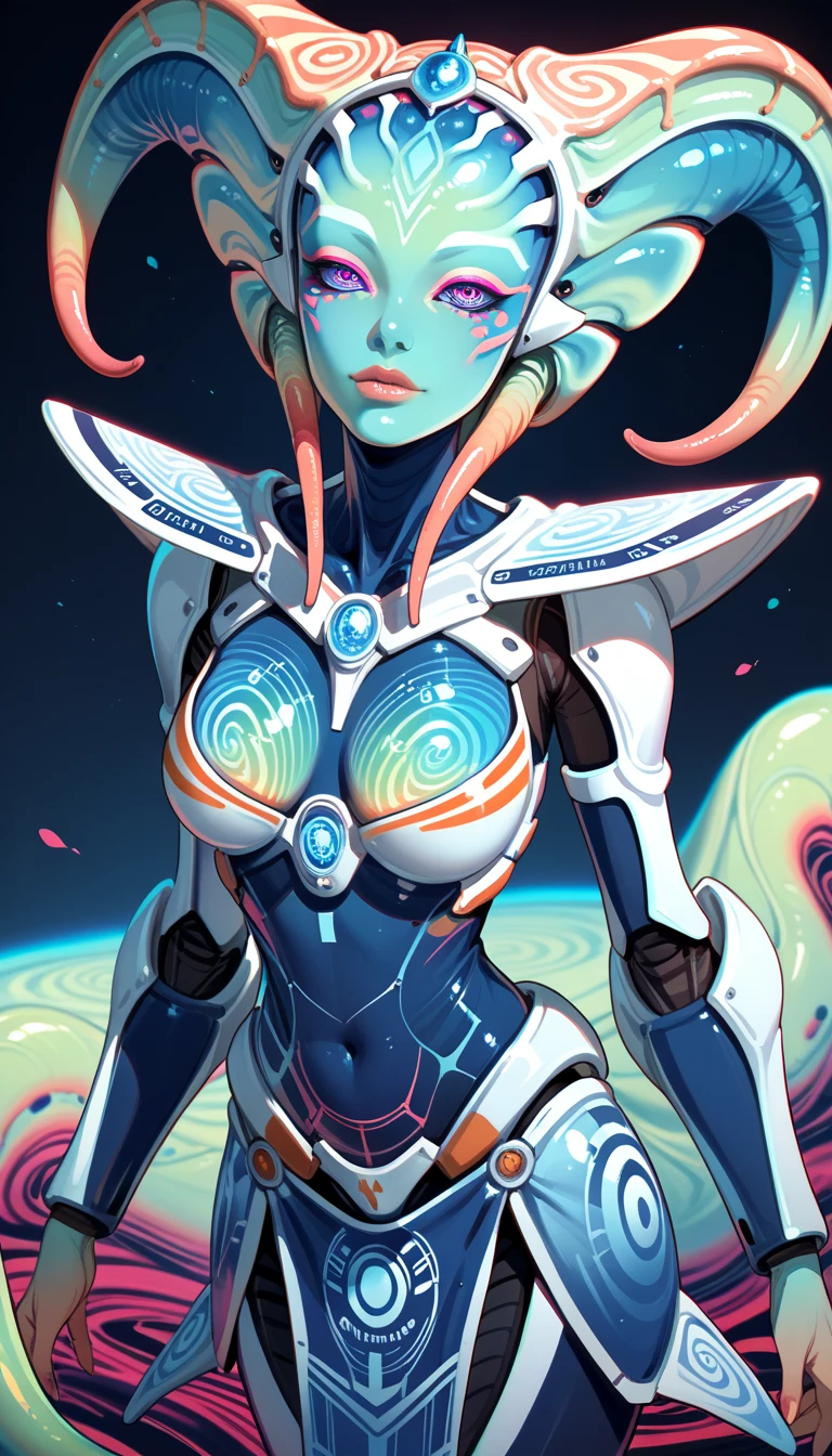 Ancient Extraterrestrial Creature, Alien Being, ((Non-Human)), Female seductive Alien, ((psychedelic skin)), chitinous skin, Alien clothes, Holographic Heavy armor