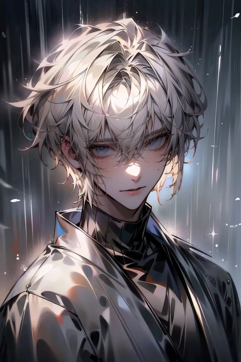 Impasto, white Blonde hair, short hair, masterpiece, best quality, 1 man , bangs, perfect face , black eye , handsome male , alone, pale skin , Adult male , delicate line drawing,Extremely detailed , ((black turtleneck)), (black kimono with longitudinal stripes), deep shadow,  semi-realistic art  ,  semi-realistic art  style, expressive brushstrokes,  vivid brushstrokes , 인상주의 painting, realistic skin, realistic hair, realistic detail, photorealistic, high details,  Perfect Eyes ,  concrete wall with background , high quality, painting, pixiv illustration