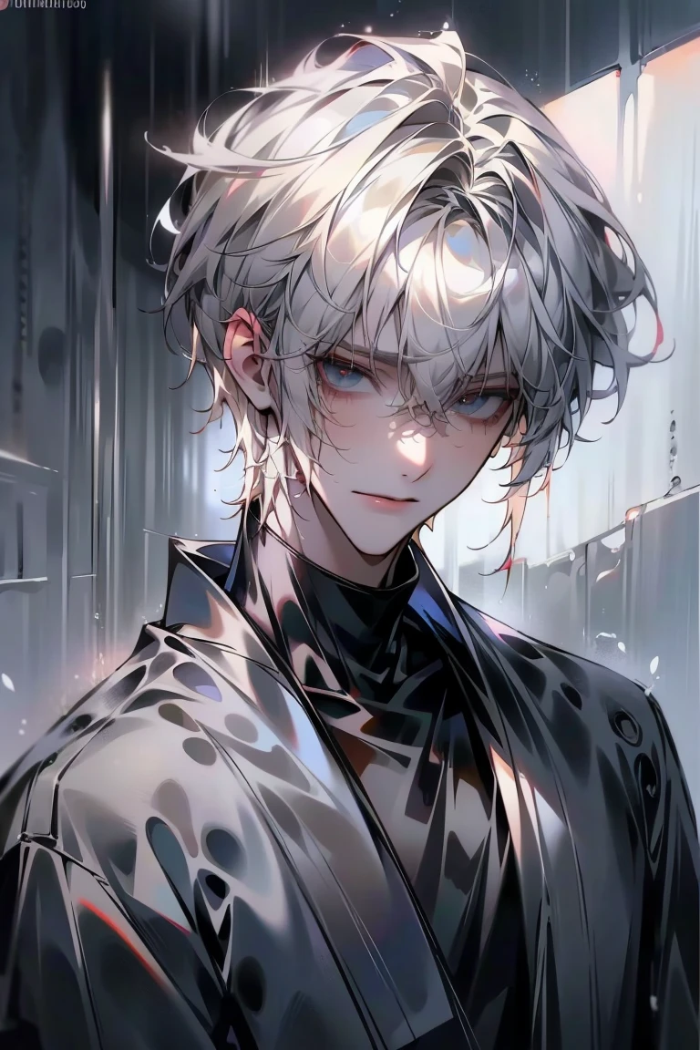Impasto, white Blonde hair, short hair, masterpiece, best quality, 1 man , bangs, perfect face , black eye , handsome male , alone, pale skin , Adult male , delicate line drawing,Extremely detailed , ((black turtleneck)), (black kimono with longitudinal stripes), deep shadow,  semi-realistic art  ,  semi-realistic art  style, expressive brushstrokes,  vivid brushstrokes , 인상주의 painting, realistic skin, realistic hair, realistic detail, photorealistic, high details,  Perfect Eyes ,  concrete wall with background , high quality, painting, pixiv illustration