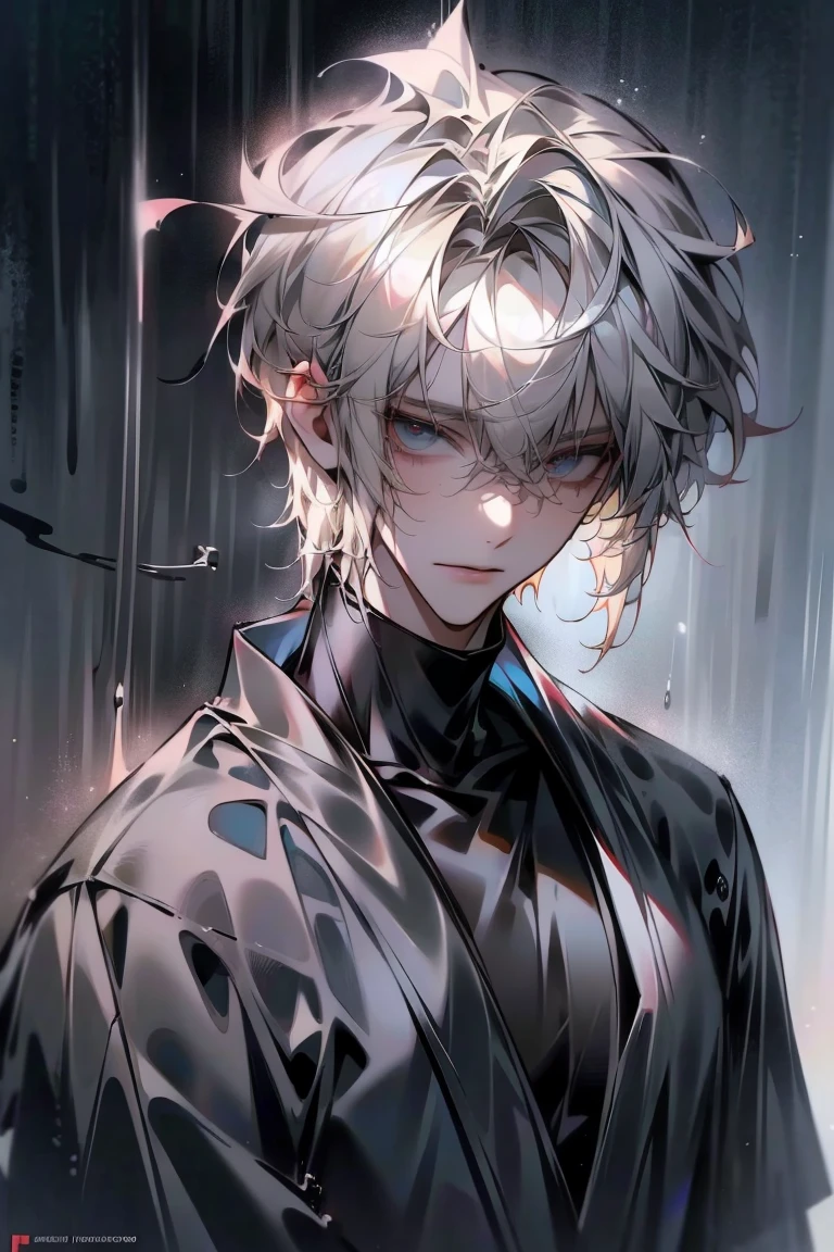 Impasto, white Blonde hair, short hair, masterpiece, best quality, 1 man , bangs, perfect face , black eye , handsome male , alone, pale skin , Adult male , delicate line drawing,Extremely detailed , ((black turtleneck)), (black kimono with longitudinal stripes), deep shadow,  semi-realistic art  ,  semi-realistic art  style, expressive brushstrokes,  vivid brushstrokes , 인상주의 painting, realistic skin, realistic hair, realistic detail, photorealistic, high details,  Perfect Eyes ,  concrete wall with background , high quality, painting, pixiv illustration