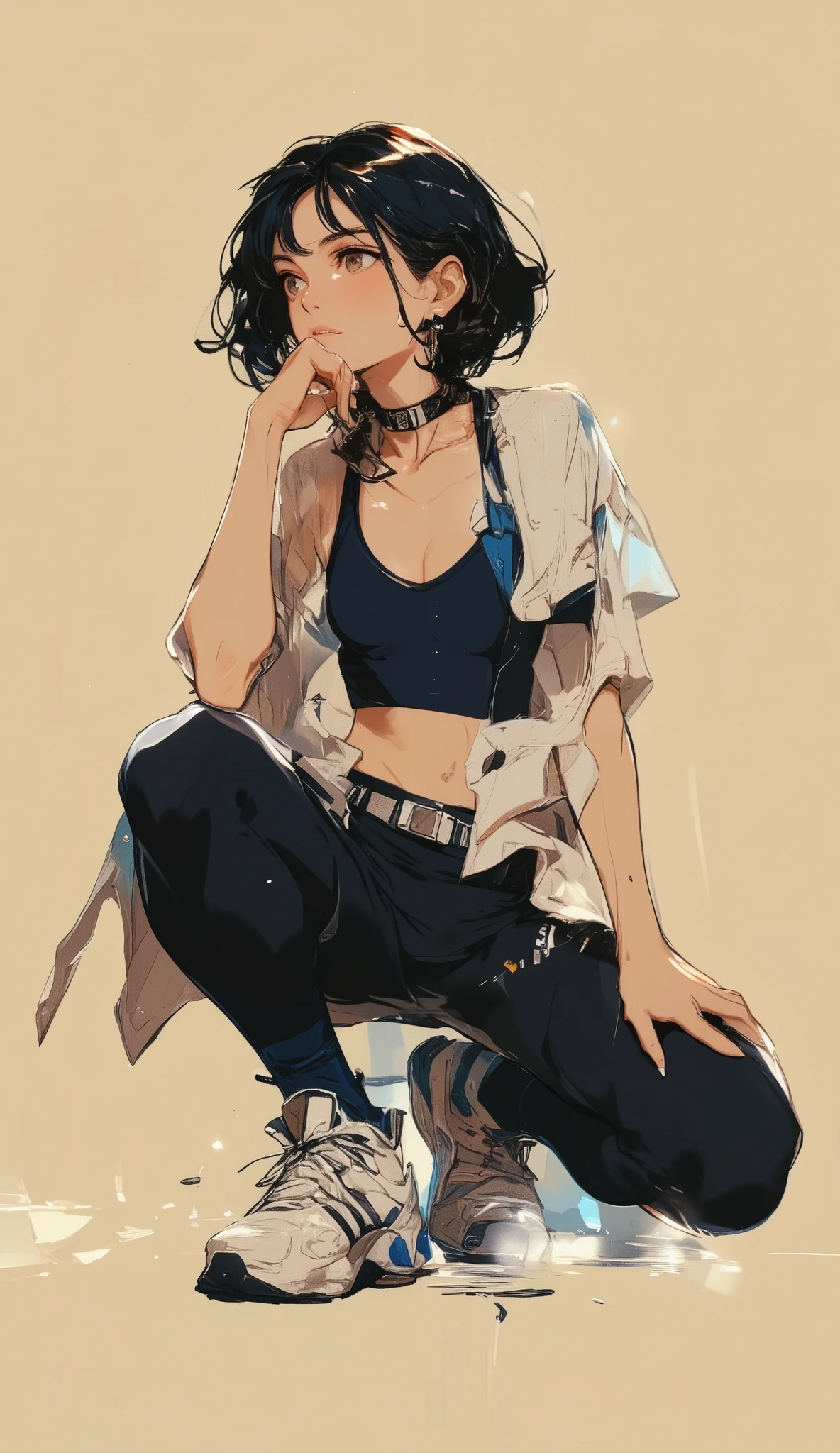 masterpiece, best quality, amazing quality, very aesthetic, absurdres, newest, scenery,high-resolution,digital illustration,highly detailed,digital art,anime, digital art,a woman,female,sui-feng,bleach,navy hair,brown eyes,athletic wear,dark blue sports bra,cleavage,midriff,navel,tight shorts,dark blue shorts,thighhigh socks,white sneakers,blue lining,adidas logo,on one knee pose,hand on knee,looking away,beige background,gradient background,from below, medium depth of field, rule of thirds, high aesthetic quality, smooth shading, detailed textures, clean lines, sharp edges, minimalistic composition,masterpiece, best quality, amazing quality, very aesthetic, absurdres, newest, scenery