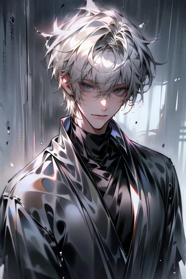 Impasto, white Blonde hair, short hair, masterpiece, best quality, 1 man , bangs, perfect face , black eye , handsome male , alone, pale skin , Adult male , delicate line drawing,Extremely detailed , ((black turtleneck)), (black kimono with longitudinal stripes), deep shadow,  semi-realistic art  ,  semi-realistic art  style, expressive brushstrokes,  vivid brushstrokes , 인상주의 painting, realistic skin, realistic hair, realistic detail, photorealistic, high details,  Perfect Eyes ,  concrete wall with background , high quality, painting, pixiv illustration