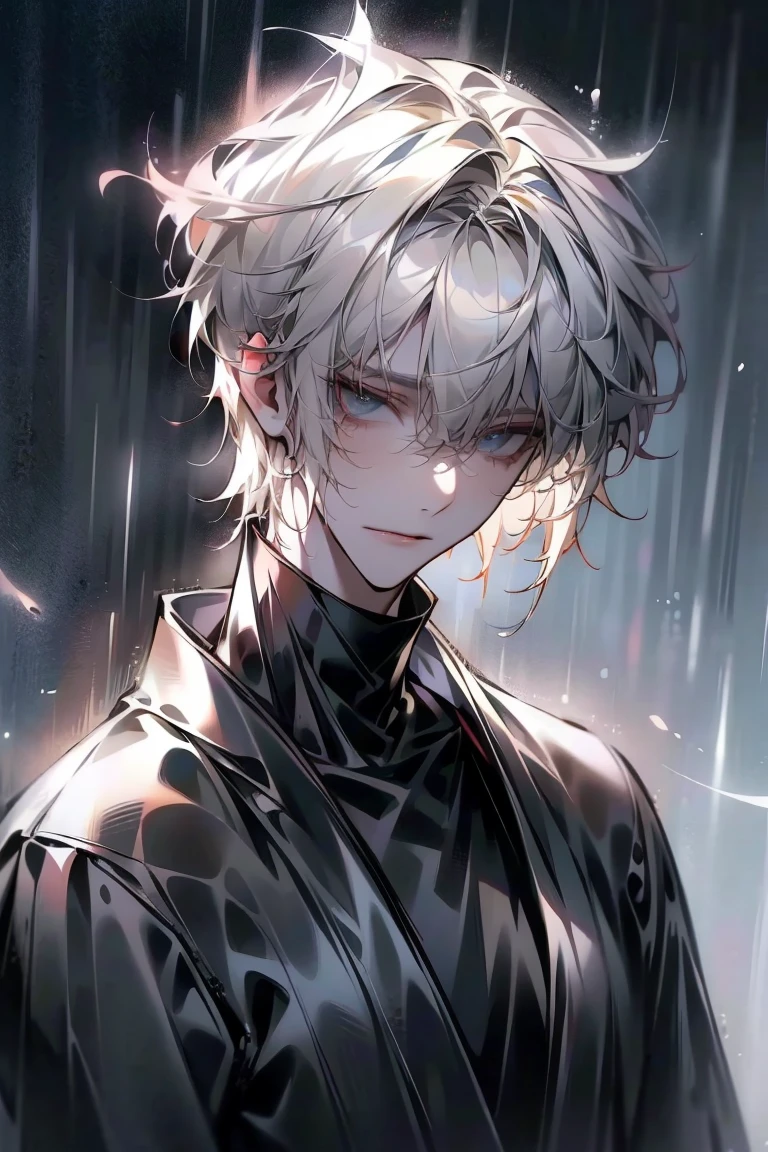 Impasto, white Blonde hair, short hair, masterpiece, best quality, 1 man , bangs, perfect face , black eye , handsome male , alone, pale skin , Adult male , delicate line drawing,Extremely detailed , ((black turtleneck)), (black kimono with longitudinal stripes), deep shadow,  semi-realistic art  ,  semi-realistic art  style, expressive brushstrokes,  vivid brushstrokes , 인상주의 painting, realistic skin, realistic hair, realistic detail, photorealistic, high details,  Perfect Eyes ,  concrete wall with background , high quality, painting, pixiv illustration