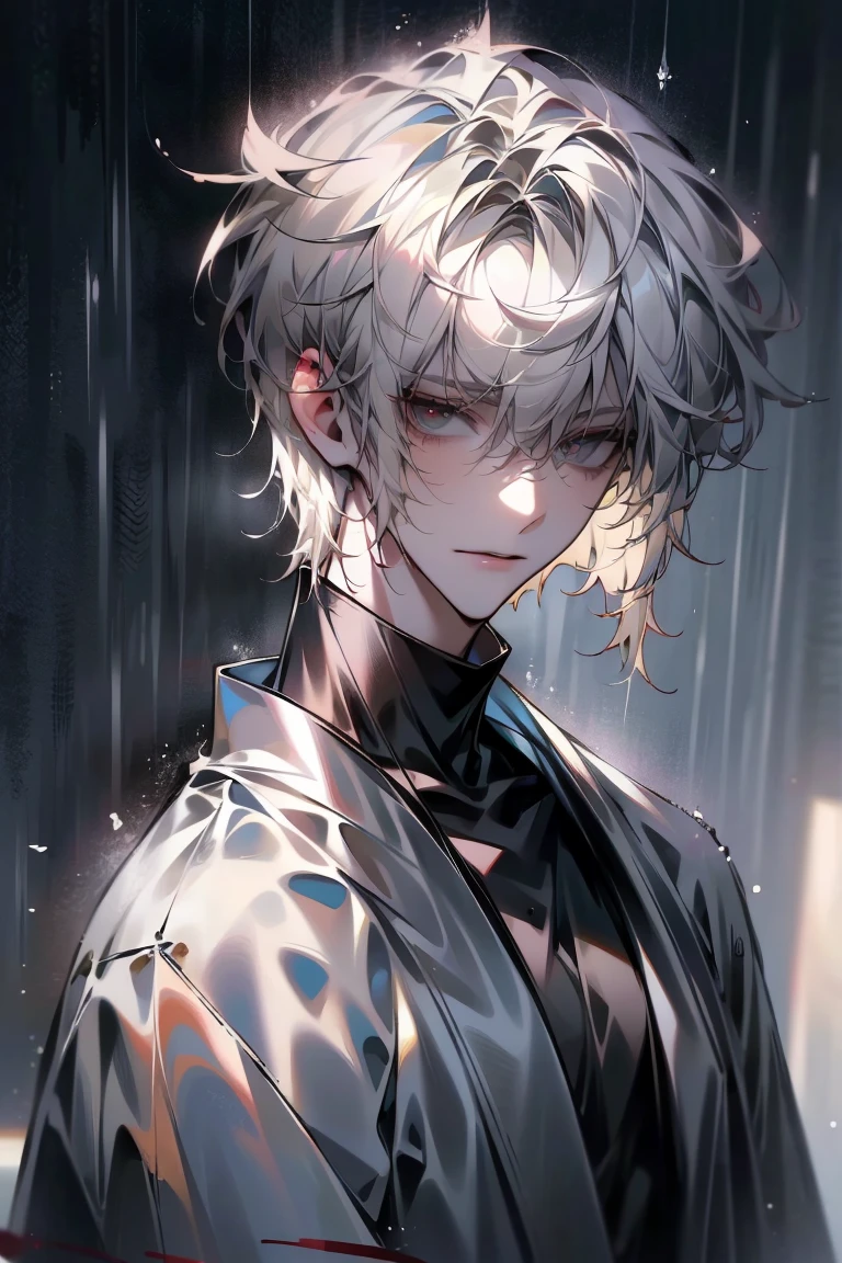 Impasto, white Blonde hair, short hair, masterpiece, best quality, 1 man , bangs, perfect face , black eye , handsome male , alone, pale skin , Adult male , delicate line drawing,Extremely detailed , ((black turtleneck)), (black kimono with longitudinal stripes), deep shadow,  semi-realistic art  ,  semi-realistic art  style, expressive brushstrokes,  vivid brushstrokes , 인상주의 painting, realistic skin, realistic hair, realistic detail, photorealistic, high details,  Perfect Eyes ,  concrete wall with background , high quality, painting, pixiv illustration