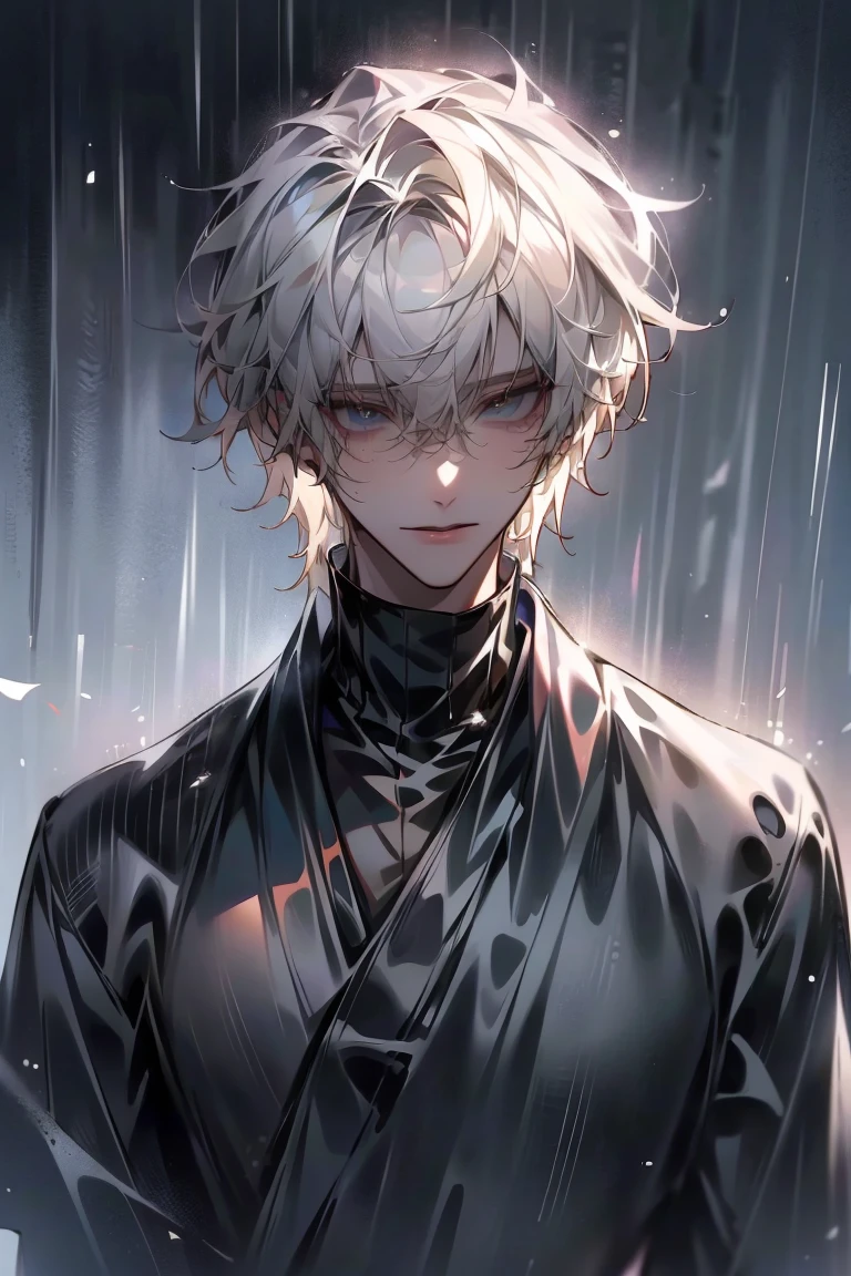 Impasto, white Blonde hair, short hair, masterpiece, best quality, 1 man , bangs, perfect face , black eye , handsome male , alone, pale skin , Adult male , delicate line drawing,Extremely detailed , ((black turtleneck)), (black kimono with longitudinal stripes), deep shadow,  semi-realistic art  ,  semi-realistic art  style, expressive brushstrokes,  vivid brushstrokes , 인상주의 painting, realistic skin, realistic hair, realistic detail, photorealistic, high details,  Perfect Eyes ,  concrete wall with background , high quality, painting, pixiv illustration