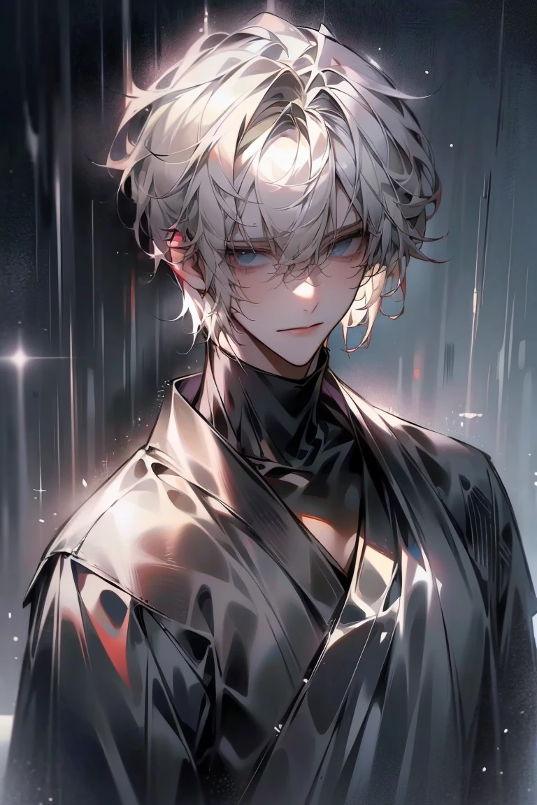 Impasto, white Blonde hair, short hair, masterpiece, best quality, 1 man , bangs, perfect face , black eye , handsome male , alone, pale skin , Adult male , delicate line drawing,Extremely detailed , ((black turtleneck)), (black kimono with longitudinal stripes), deep shadow,  semi-realistic art  ,  semi-realistic art  style, expressive brushstrokes,  vivid brushstrokes , 인상주의 painting, realistic skin, realistic hair, realistic detail, photorealistic, high details,  Perfect Eyes ,  concrete wall with background , high quality, painting, pixiv illustration