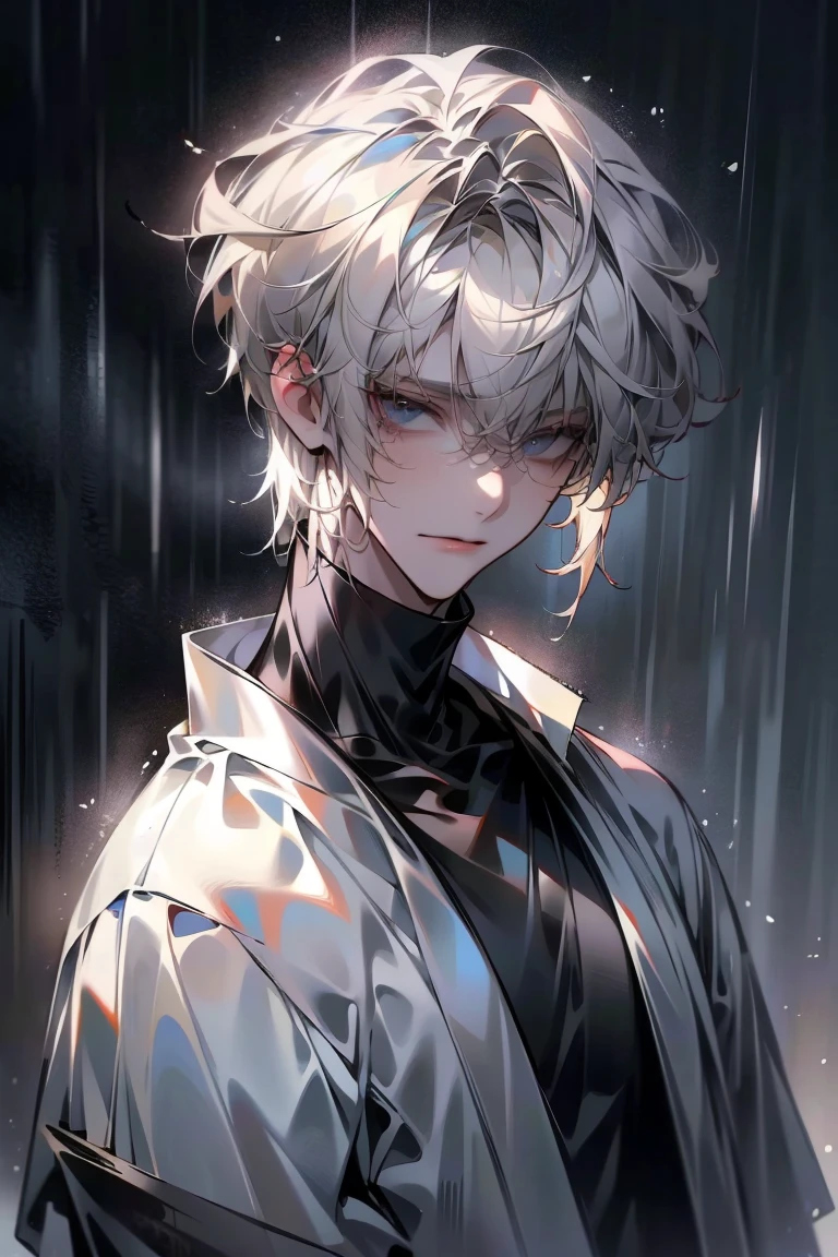 Impasto, white Blonde hair, short hair, masterpiece, best quality, 1 man , bangs, perfect face , black eye , handsome male , alone, pale skin , Adult male , delicate line drawing,Extremely detailed , ((black turtleneck)), (black kimono with longitudinal stripes), deep shadow,  semi-realistic art  ,  semi-realistic art  style, expressive brushstrokes,  vivid brushstrokes , 인상주의 painting, realistic skin, realistic hair, realistic detail, photorealistic, high details,  Perfect Eyes ,  concrete wall with background , high quality, painting, pixiv illustration