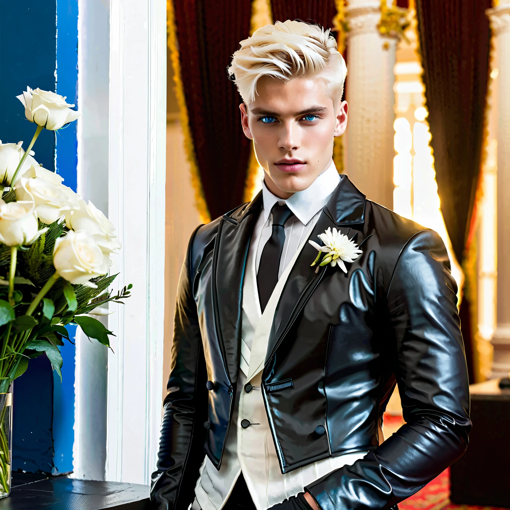 Interior hosts masculine, starboy, muscular 20-year-old (((German king posing, short platinum blonde hair styled with volume, intense blue eyes, serious expression, black leather tailcoat, satin lapels, white dress shirt, subtle vertical pleats, high collar, black leather gloves, flowers headpiece on head))), hands interlaced on lap, warm lighting creating soft highlights, rich wooden paneling, mirror reflecting profile, room exudes sophistication, direct