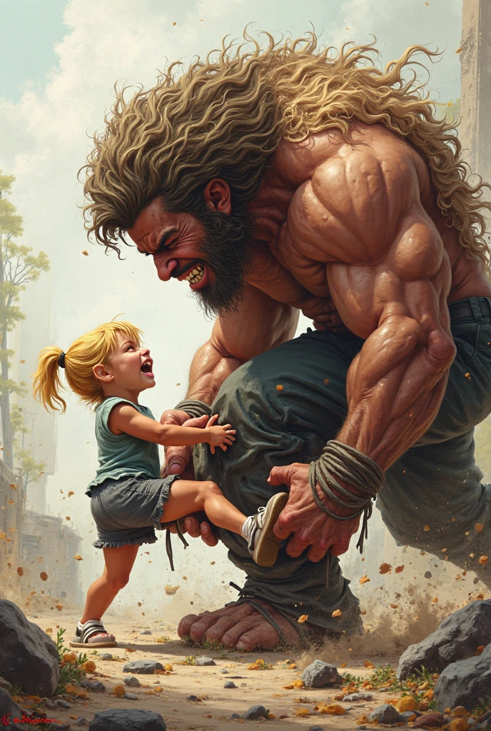 giant man, fatter, hairy and beautiful, with his mouth open to eat a 5cm adult man that is in the palm of his hand.