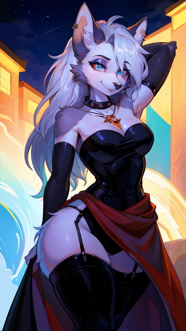 1 girl,(standing alone),(Top-notch image quality),(high qualiy),(high resolution),(detailded),(Artwork),(Artwork:1.2),(dynamic pose),(realisitic),gazing at viewer, olhos detaildeds, face perfect, perfects eyes, rosto detailded,(very long ponytail),earrings,he used to smile,eyes browns,Eve\(Star Blade\),necklase,(From  above:1.2),(cyber sticky),(short fingerless gloves),(cyber high jump),(Long shot), Correia, standing,(high socks),(night club), GARTER BELT,