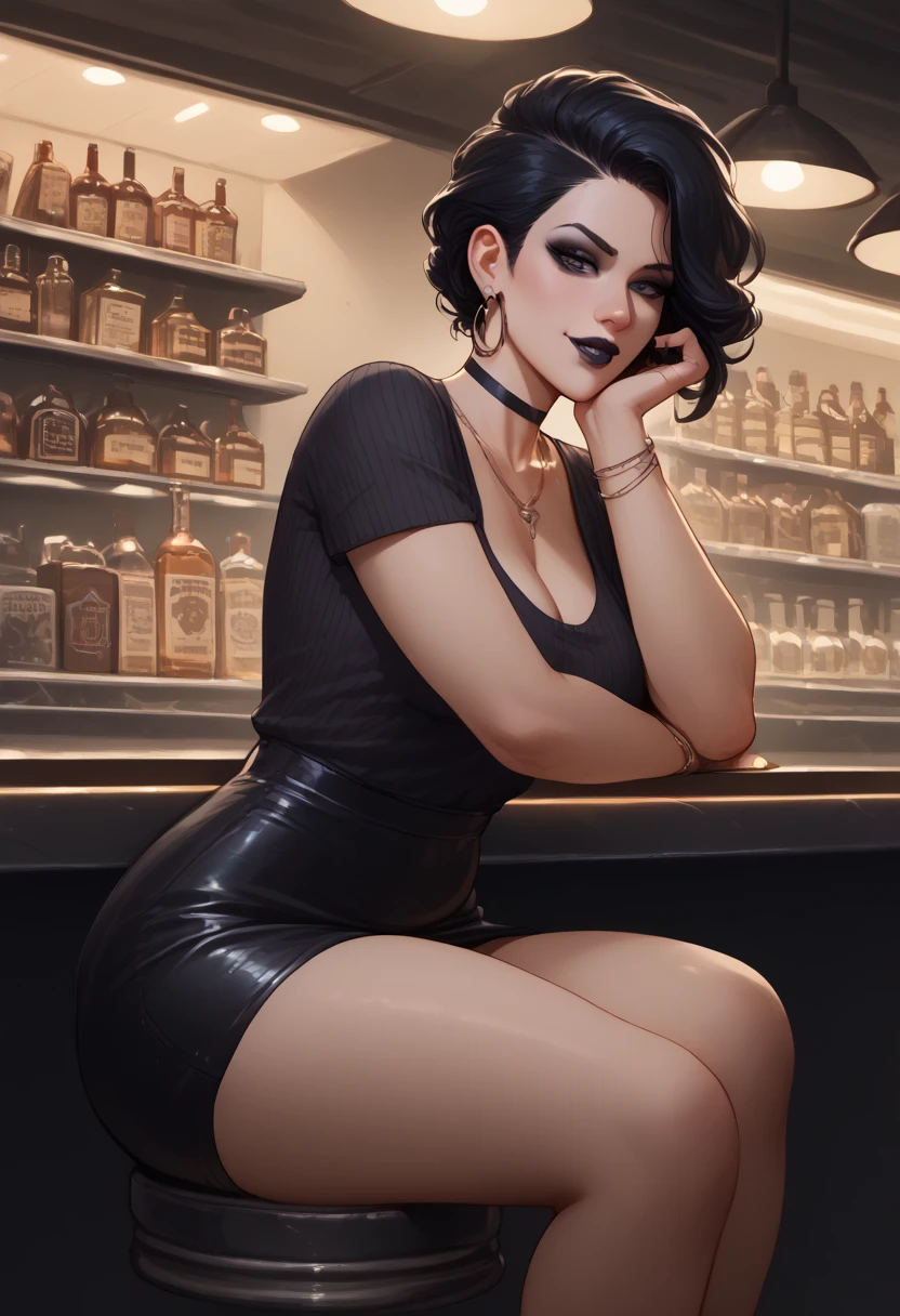 masterpiece), (best quality), (Clear focus), (Depth of Field), (woman): Solitary, (Perfect face), (Detailed clothing), (Busty),(Sad expression), beautiful woman, blue eyes, whole body, black hair, Slightly curly long hair, (Black sexy dress，Penetrate the flesh) (((((Night scene background))))), (((at the bar))), wine, whiskey, High ball,(Shiny and glowing, Effect:1.2)，(best quality, 4K, high resolution, masterpiece:1.2, Extremely detailed），Large Breasts,30 years old girl,独奏,black hair,long hair,blue eyes,(drunk,blush),sitting,drinking,((Mature sexy body))，Black stockings，Black tight skirt, Mature sexy body,holding mug,counter,pub,(Fashion bar) indoors, ((Cocktail Glass) Full of colorful wine), (dimly light room), Wine Bottle, Detailed background