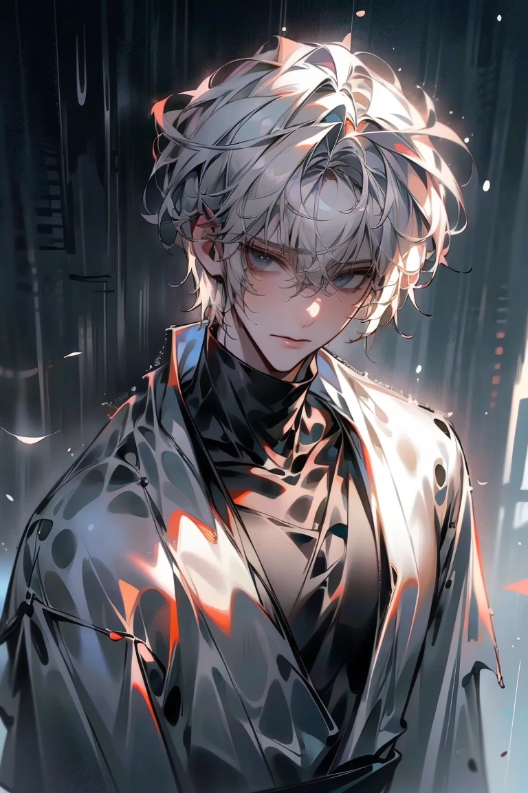 Impasto, white Blonde hair, short hair, masterpiece, best quality, 1 man , bangs, perfect face , black eye , handsome male , alone, pale skin , Adult male , delicate line drawing,Extremely detailed , ((black turtleneck)), (black kimono with longitudinal stripes), deep shadow,  semi-realistic art  ,  semi-realistic art  style, expressive brushstrokes,  vivid brushstrokes , 인상주의 painting, realistic skin, realistic hair, realistic detail, photorealistic, high details,  Perfect Eyes ,  concrete wall with background , high quality, painting, pixiv illustration