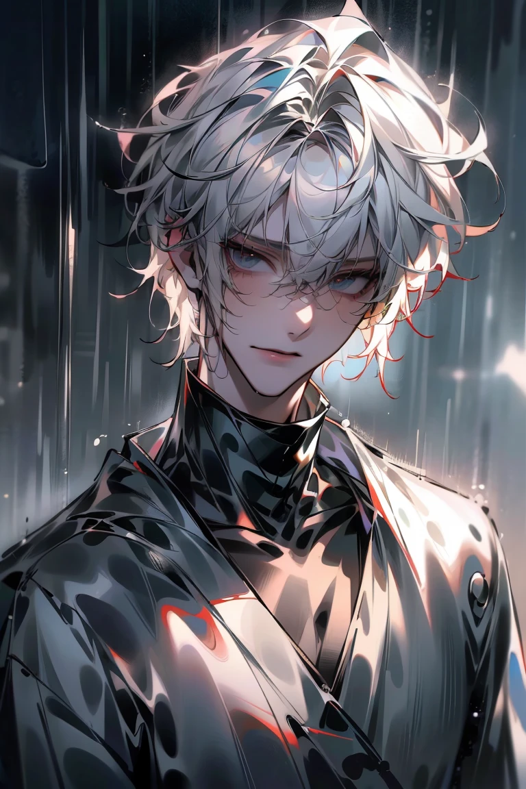 Impasto, white Blonde hair, short hair, masterpiece, best quality, 1 man , bangs, perfect face , black eye , handsome male , alone, pale skin , Adult male , delicate line drawing,Extremely detailed , ((black turtleneck)), (black kimono with longitudinal stripes), deep shadow,  semi-realistic art  ,  semi-realistic art  style, expressive brushstrokes,  vivid brushstrokes , 인상주의 painting, realistic skin, realistic hair, realistic detail, photorealistic, high details,  Perfect Eyes ,  concrete wall with background , high quality, painting, pixiv illustration