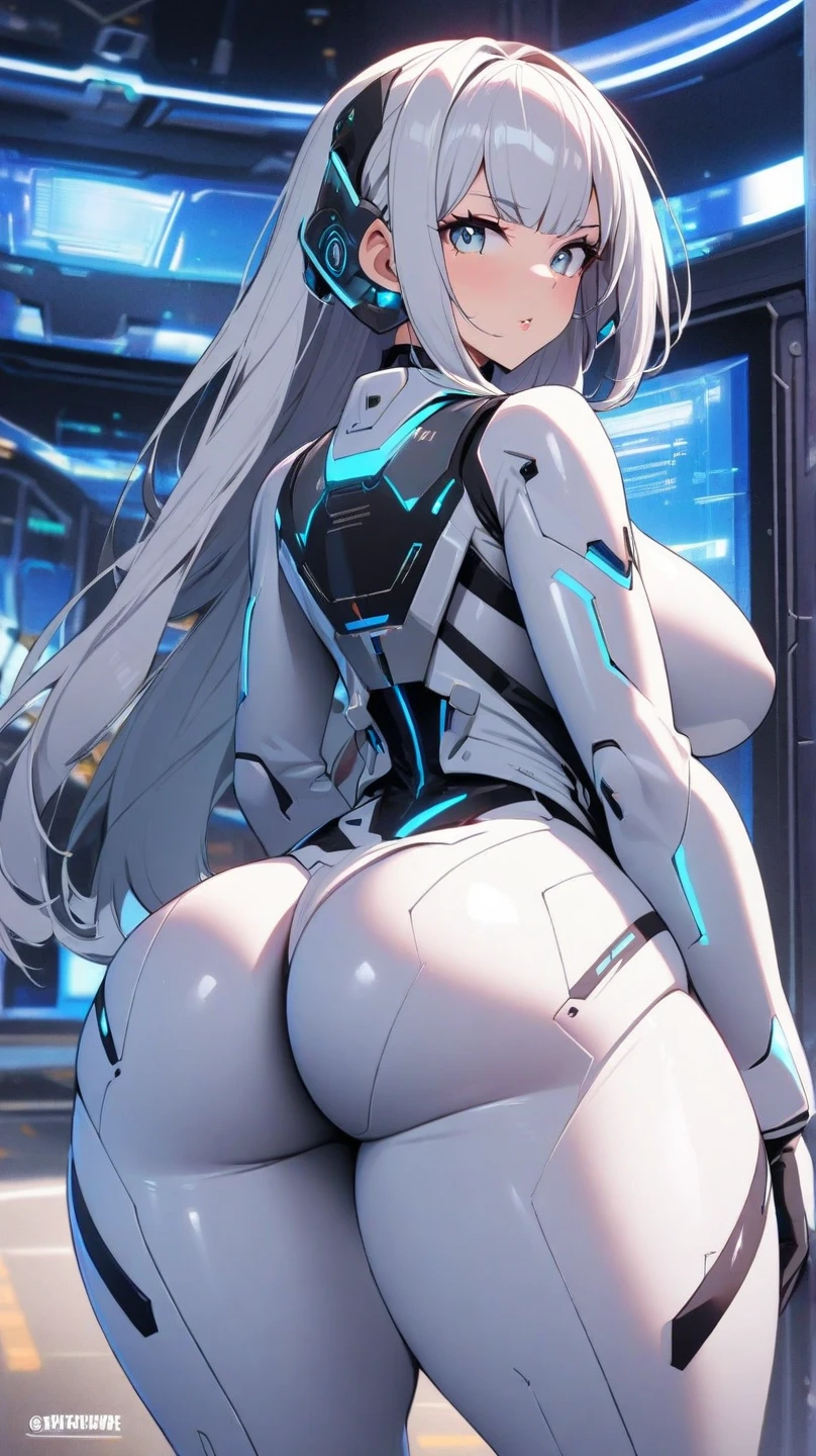 1 Girl, not showing face, from the back, big white hair, blue locks of hair, sexy anime white rabbit outfit, big chest, thick legs, thick thighs, big ass, standing, background scenery, in a nightclub, colored lights , ambient detail, ultra-detailed
