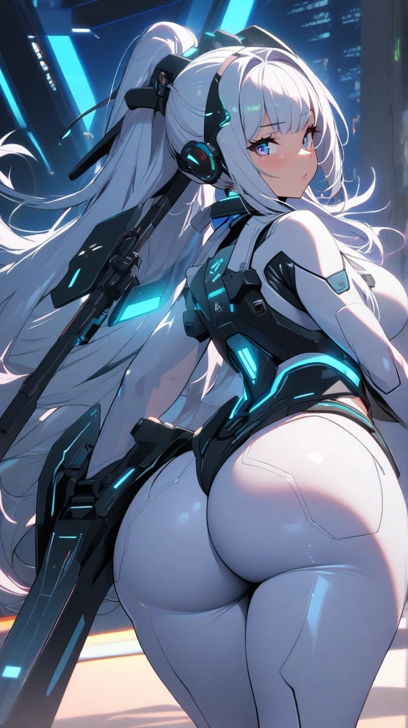 (((Young White Woman))), ((Best Quality)), ((Masterpiece)), (Detail: 1.4), 3D, A Beautiful Cyberpunk Woman with Simon Bisley-style micro thong, Genesis evangelion neon style clothing, 2-piece clothing, Long silver hair, arm tatoo, cybernetic hands, pastel, Centered, scale to fit the dimensions, nffsw (High dynamic range),Ray tracing,NVIDIA RTX,Hyper-Resolution,Unreal 5,Subsurface Dispersion, PBR Texture, Post-processing, Anisotropy Filtering, depth of fields, Maximum clarity and sharpness, Multilayer textures, Albedo and specular maps, Surface Shading, accurate simulation of light and material interactions, Perfect proportions, Octane Render, Two-tone lighting, Wide aperture, Low ISO, White Balance, thirds rule, 8K Raw, Crysisnanosuit,loraeyes,nijistyle,pantyhose, freckles, nsfw, sexual pose ,High detailed, 300dpi, pornstar, ((((white background))), (((sexy pose flirty))), (((from behind view))), Blue eyes