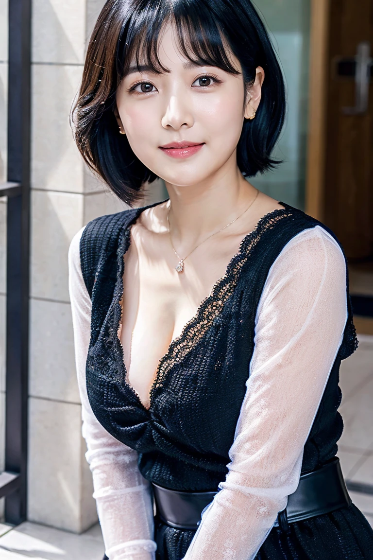 Top quality, super high resolution, (Photorealistic: 1.4), 1 beautiful mature woman, off-shoulder thin blouse, black tight skirt, black choker, (faded gray hair: 1), (huge Chest: 1.2), looking at camera, emphasizing cleavage